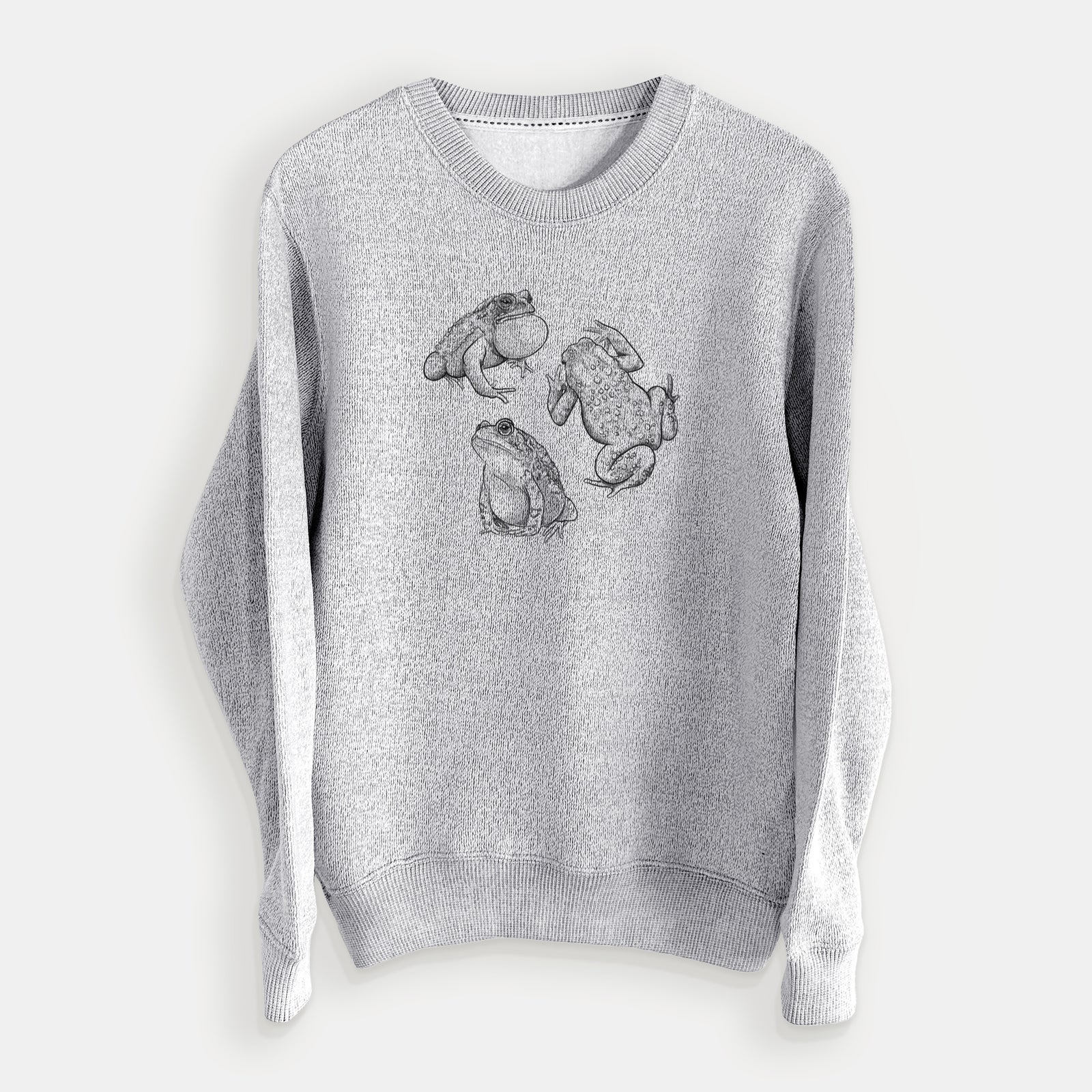 Salt and pepper knit sweatshirt laid flat, printed with a black ink illustration of three American toads.