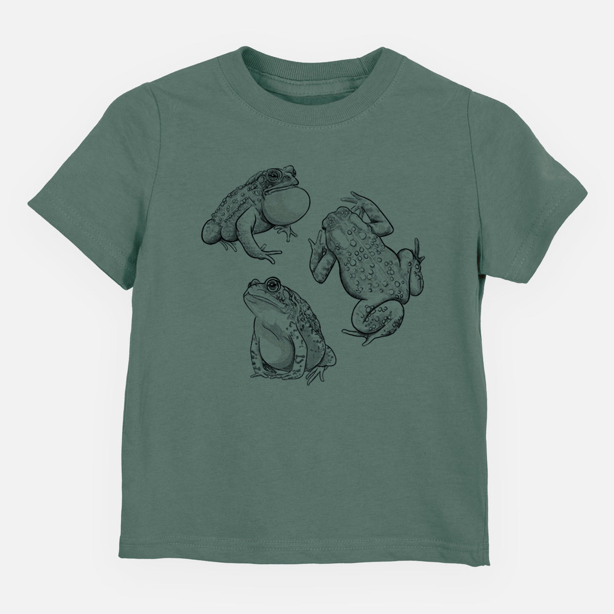 Basil green toddler t-shirt laid flat, printed with a black ink illustration of three American toads.