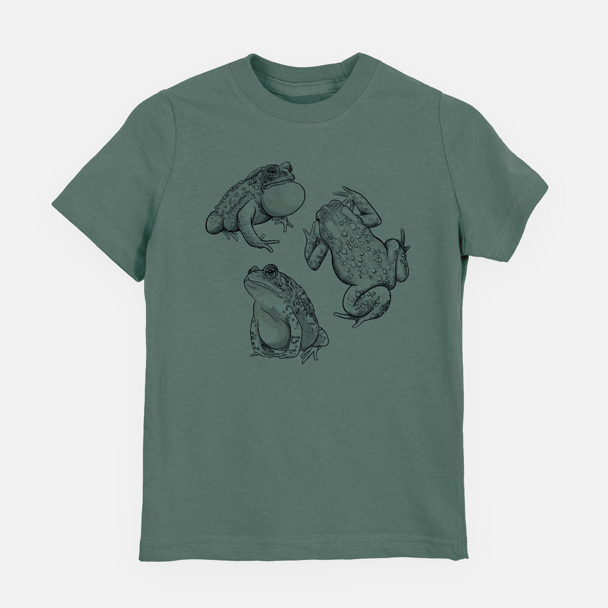 Basil green youth t-shirt laid flat, printed with a black ink illustration of three American toads.