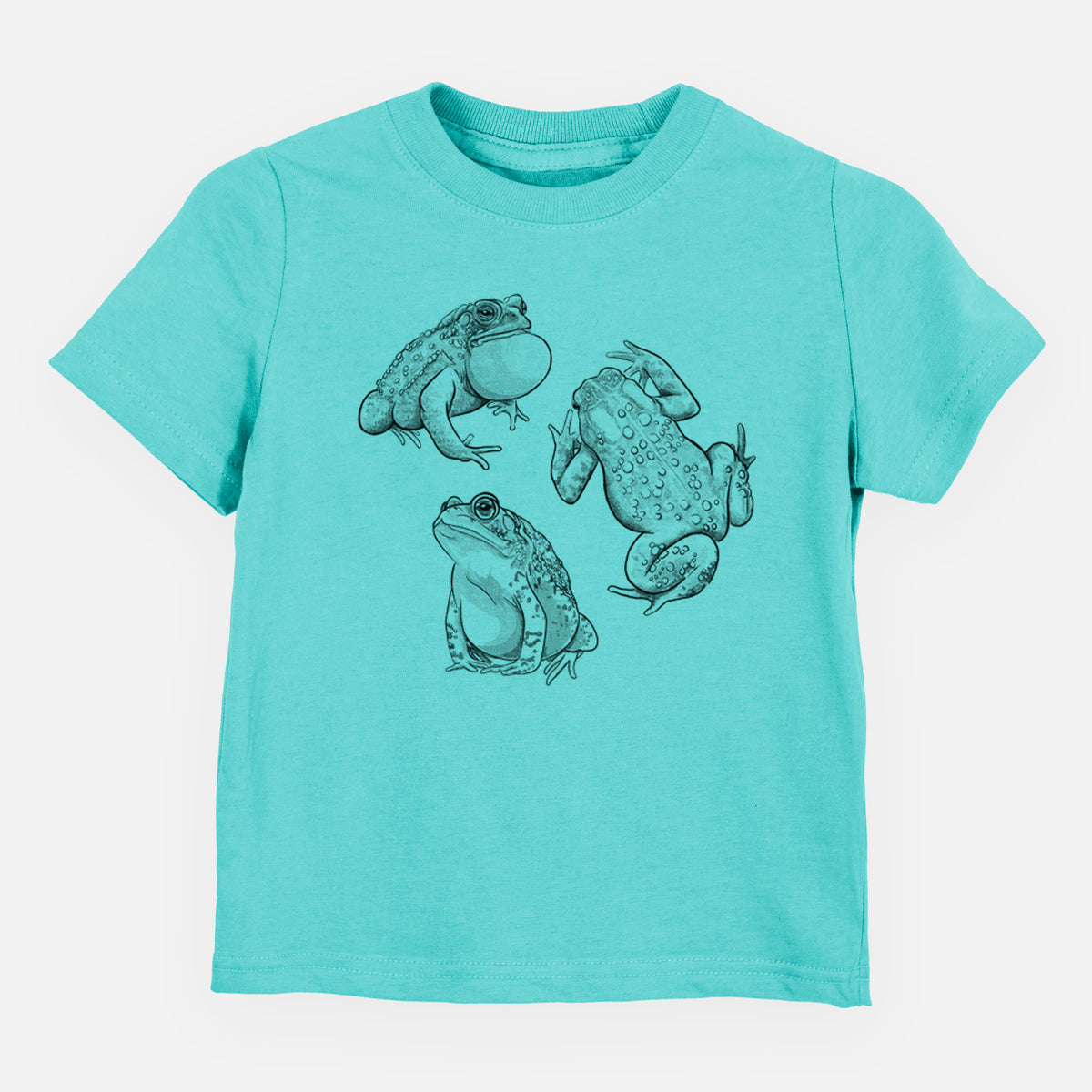 Caribbean blue toddler t-shirt laid flat, printed with a black ink illustration of three American toads.