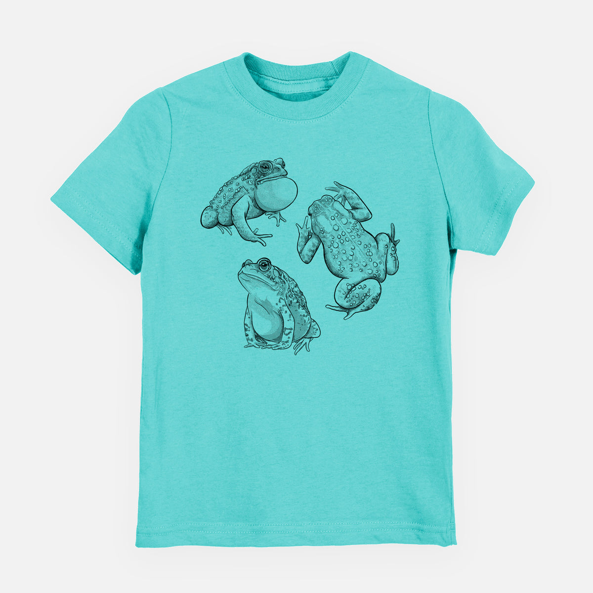Caribbean blue youth t-shirt laid flat, printed with a black ink illustration of three American toads.