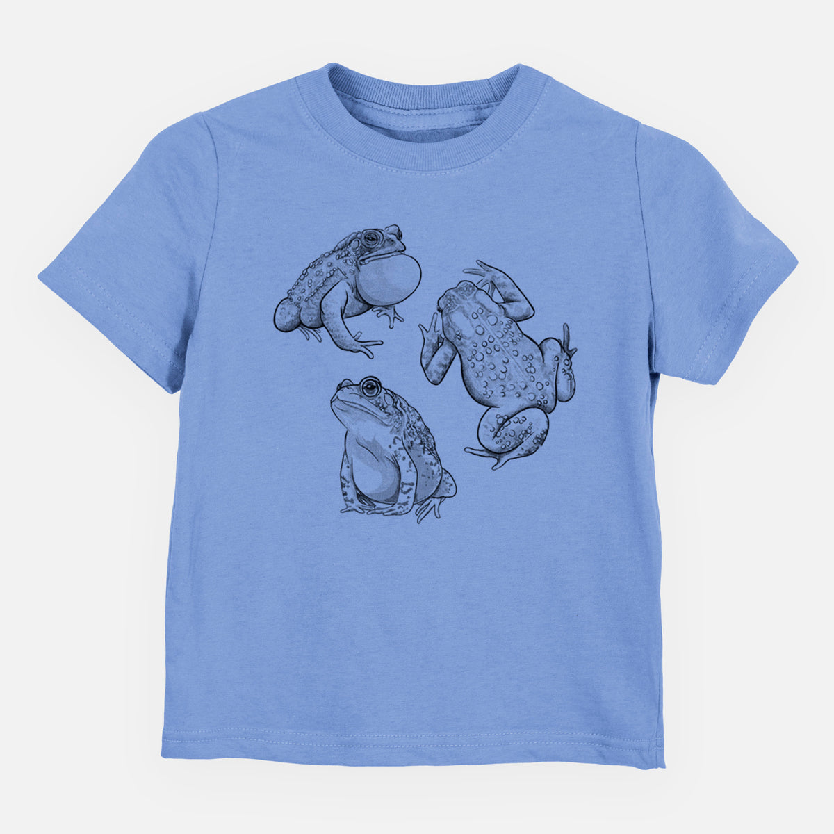 Carolina blue toddler t-shirt laid flat, printed with a black ink illustration of three American toads.