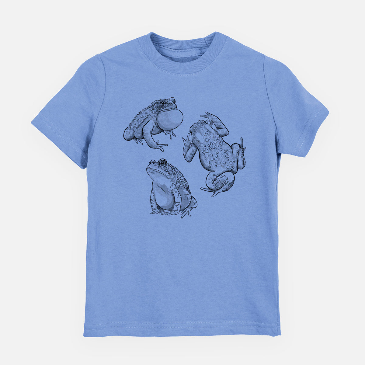 Carolina blue youth t-shirt laid flat, printed with a black ink illustration of three American toads.