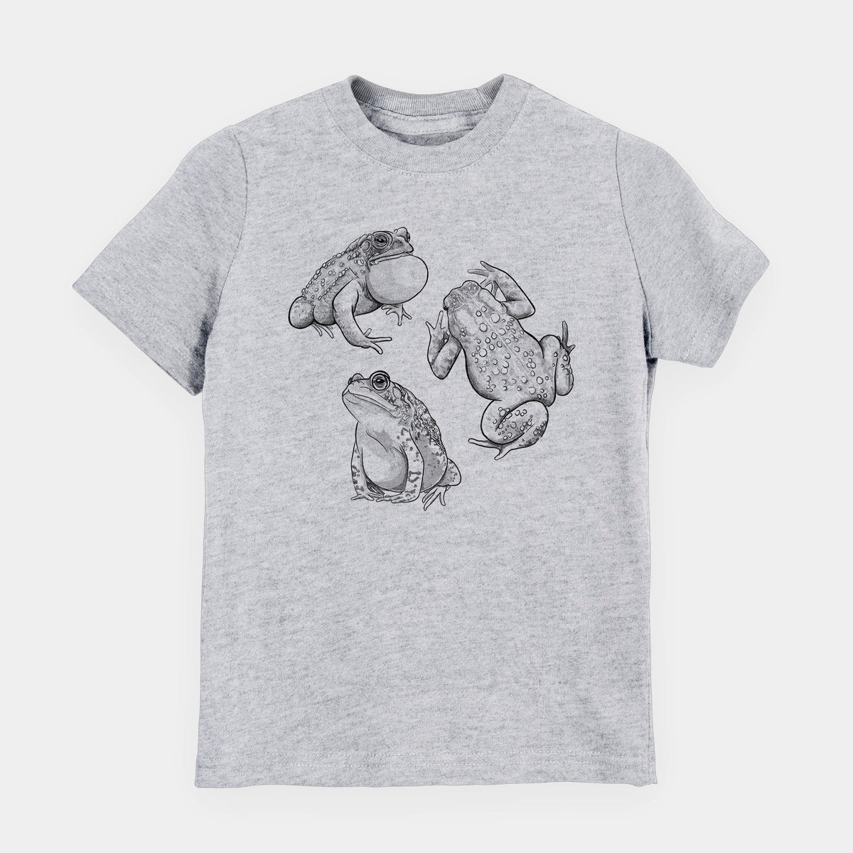 Heather grey youth t-shirt laid flat, printed with a black ink illustration of three American toads.