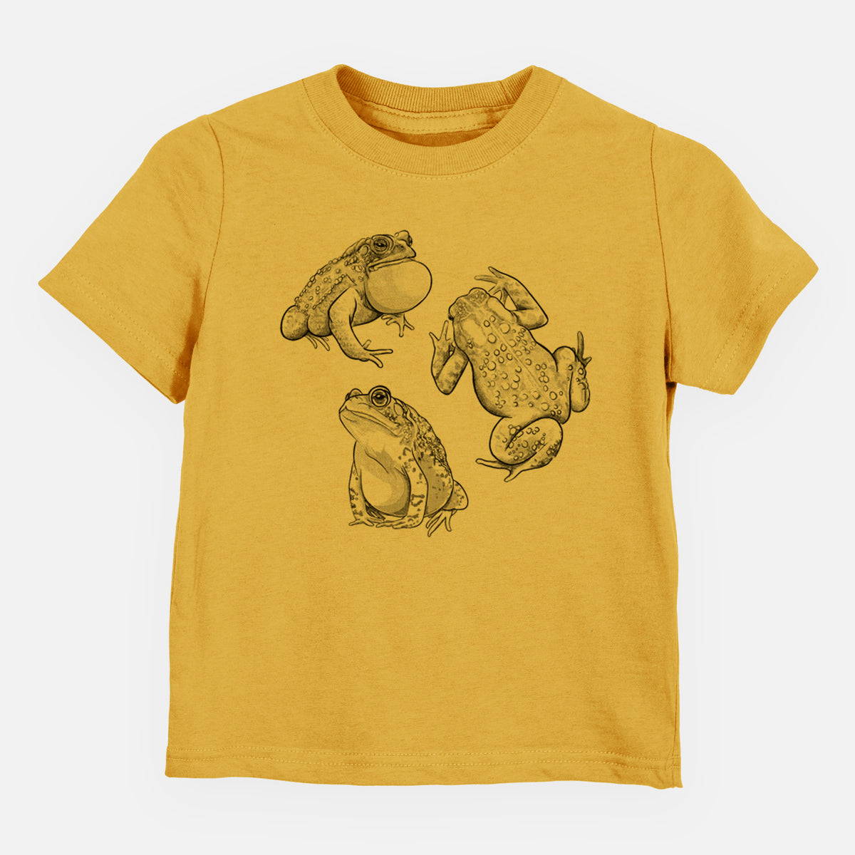 Honeycomb yellow toddler t-shirt laid flat, printed with a black ink illustration of three American toads.