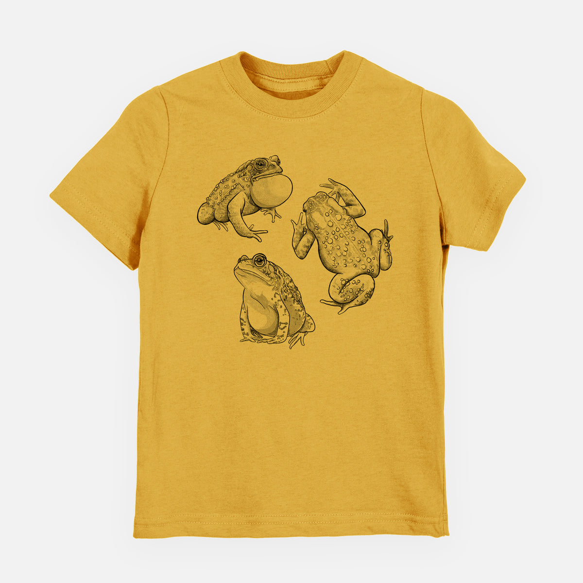 Honeycomb yellow youth t-shirt laid flat, printed with a black ink illustration of three American toads.