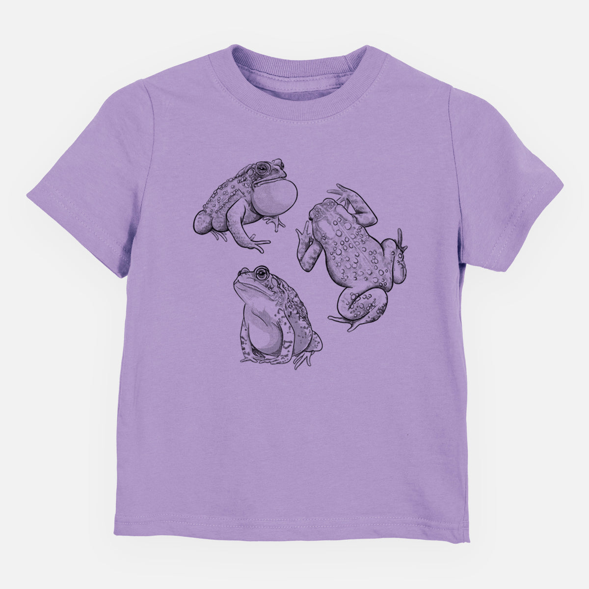 Lavender toddler t-shirt laid flat, printed with a black ink illustration of three American toads.