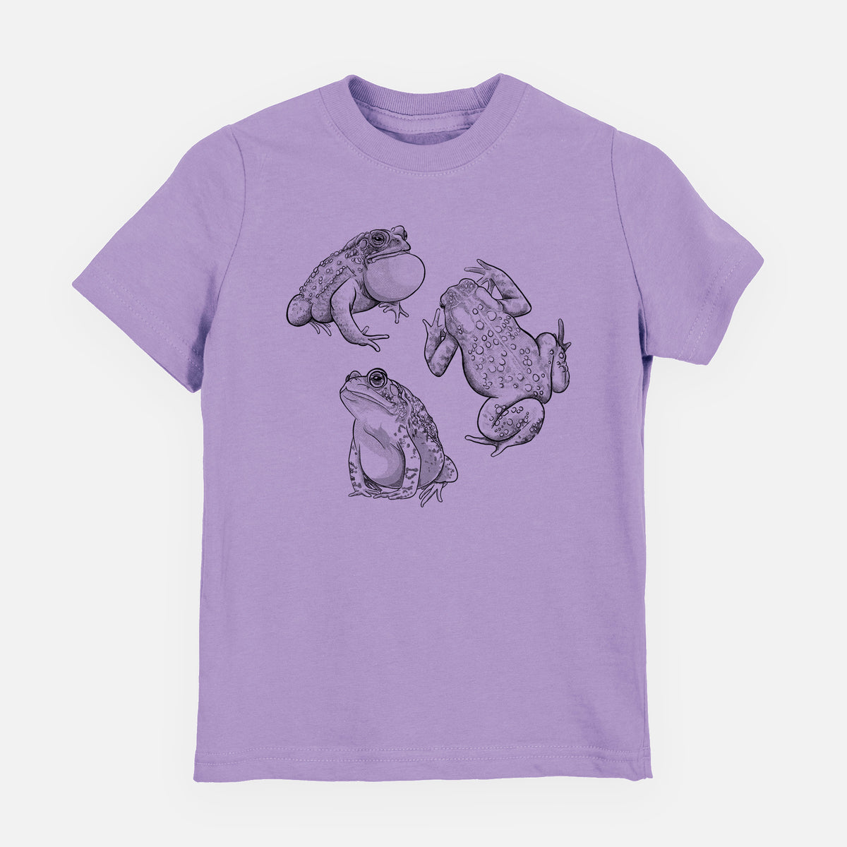 Lavender youth t-shirt laid flat, printed with a black ink illustration of three American toads.