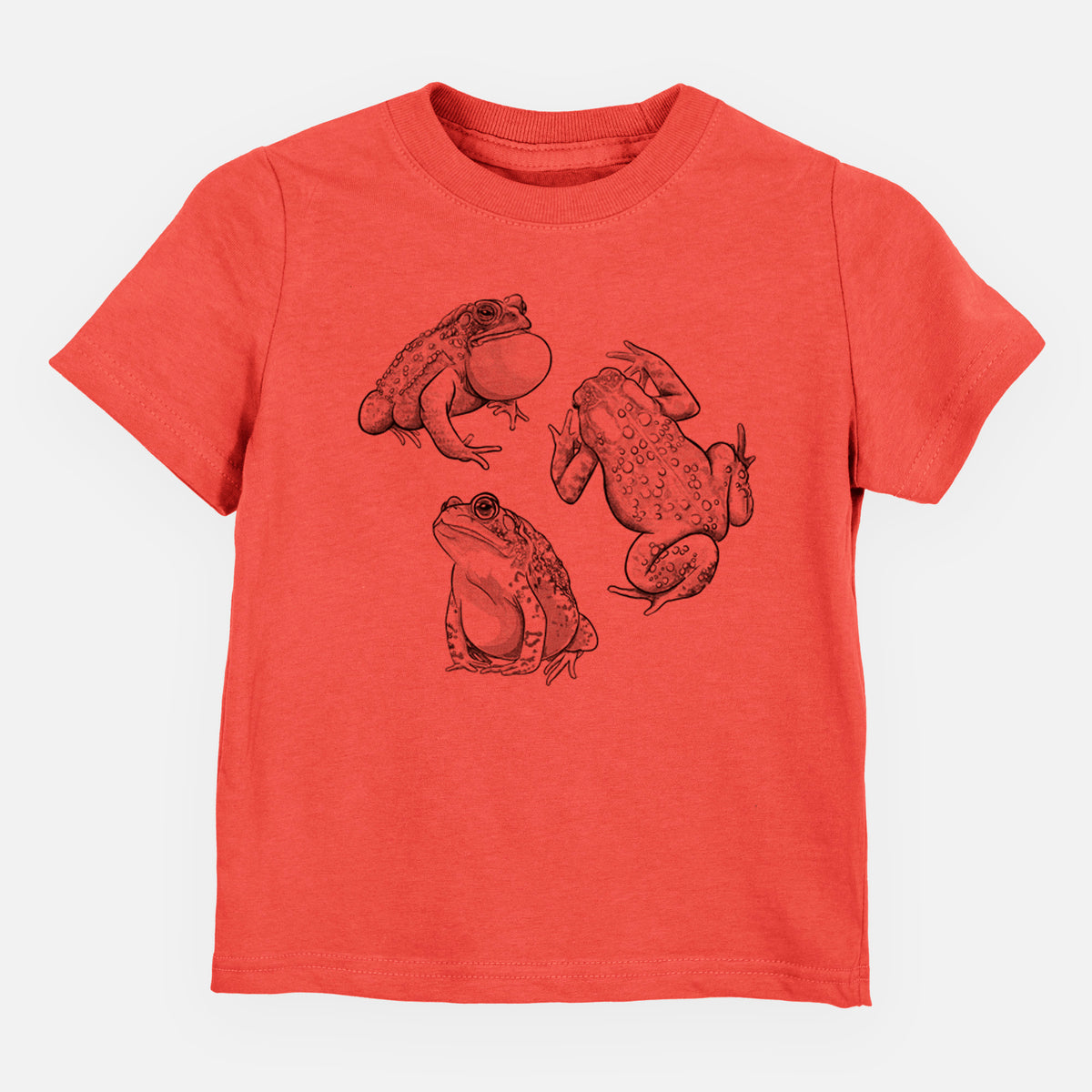 Passionfruit pink toddler t-shirt laid flat, printed with a black ink illustration of three American toads.