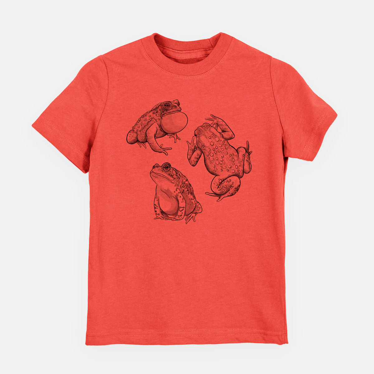 Passionfruit pink youth t-shirt laid flat, printed with a black ink illustration of three American toads.