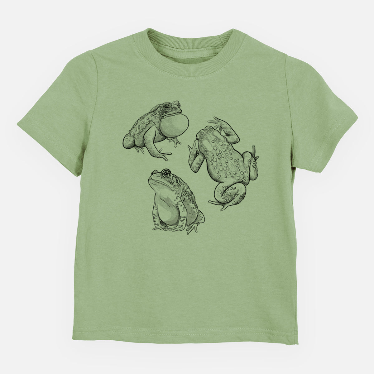 Sage green toddler t-shirt laid flat, printed with a black ink illustration of three American toads.
