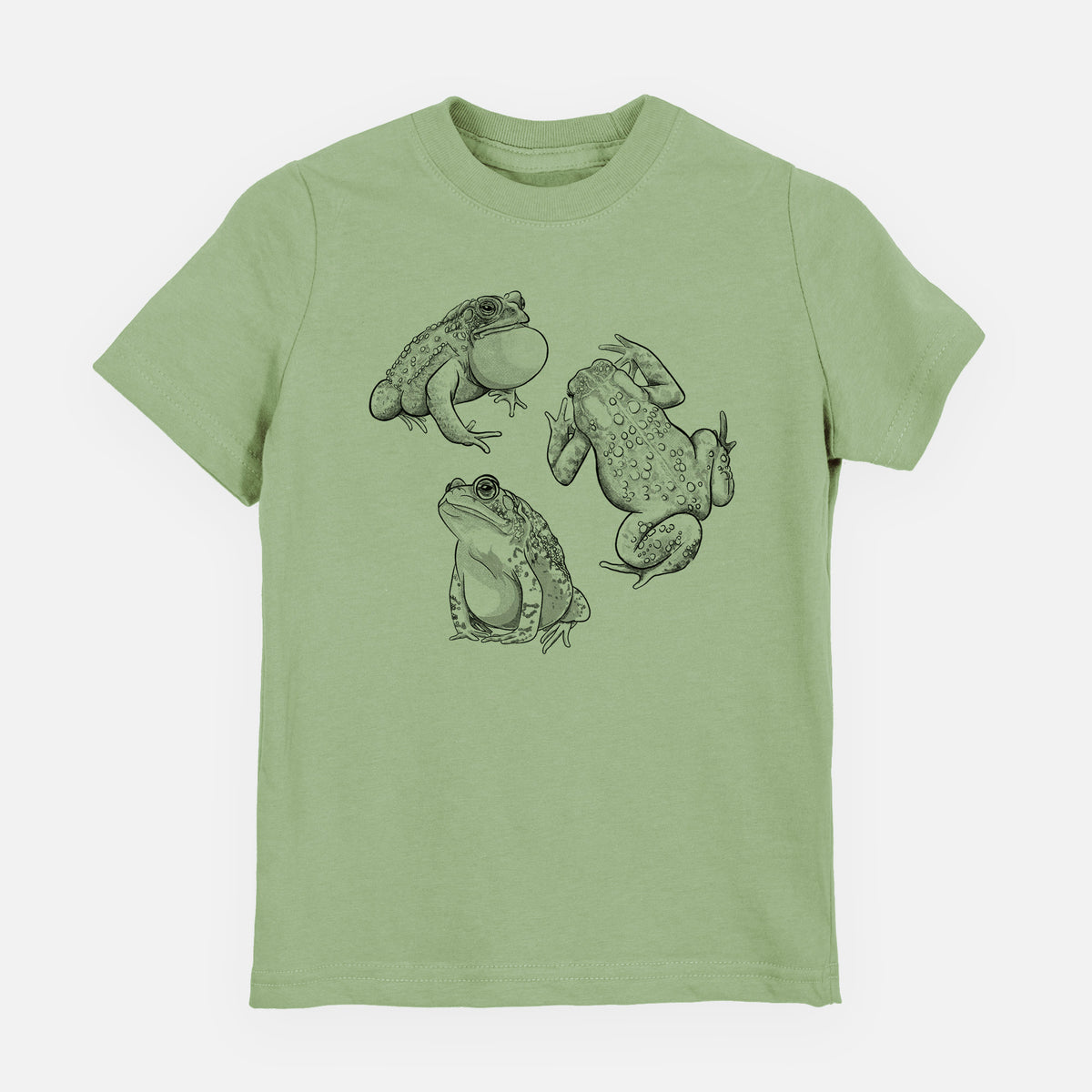 Sage green youth t-shirt laid flat, printed with a black ink illustration of three American toads.