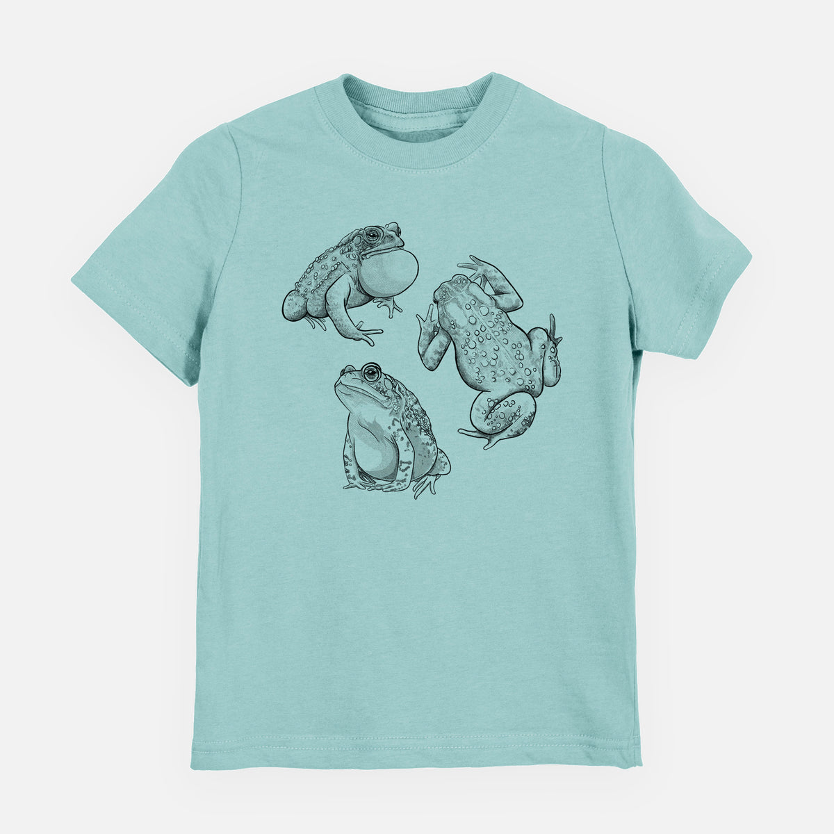 Saltwater youth t-shirt laid flat, printed with a black ink illustration of three American toads.