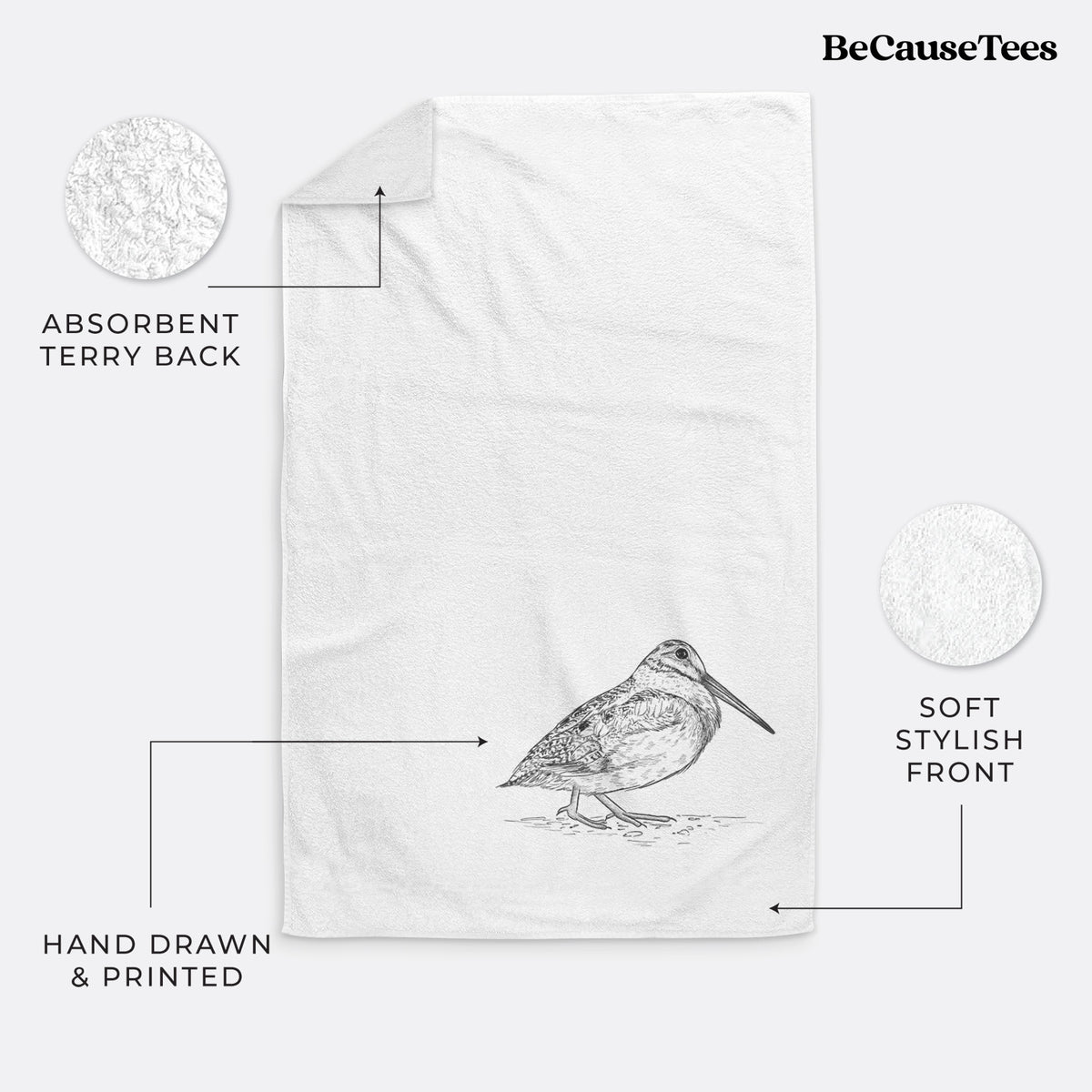 White hand towel printed with a detailed black ink sketch of an American woodcock standing on the ground.