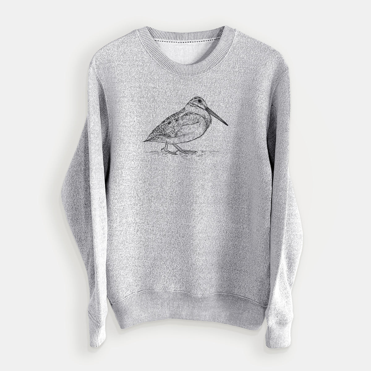 Salt and pepper knit sweatshirt laid flat, printed with a detailed black ink sketch of an American woodcock standing on the ground.