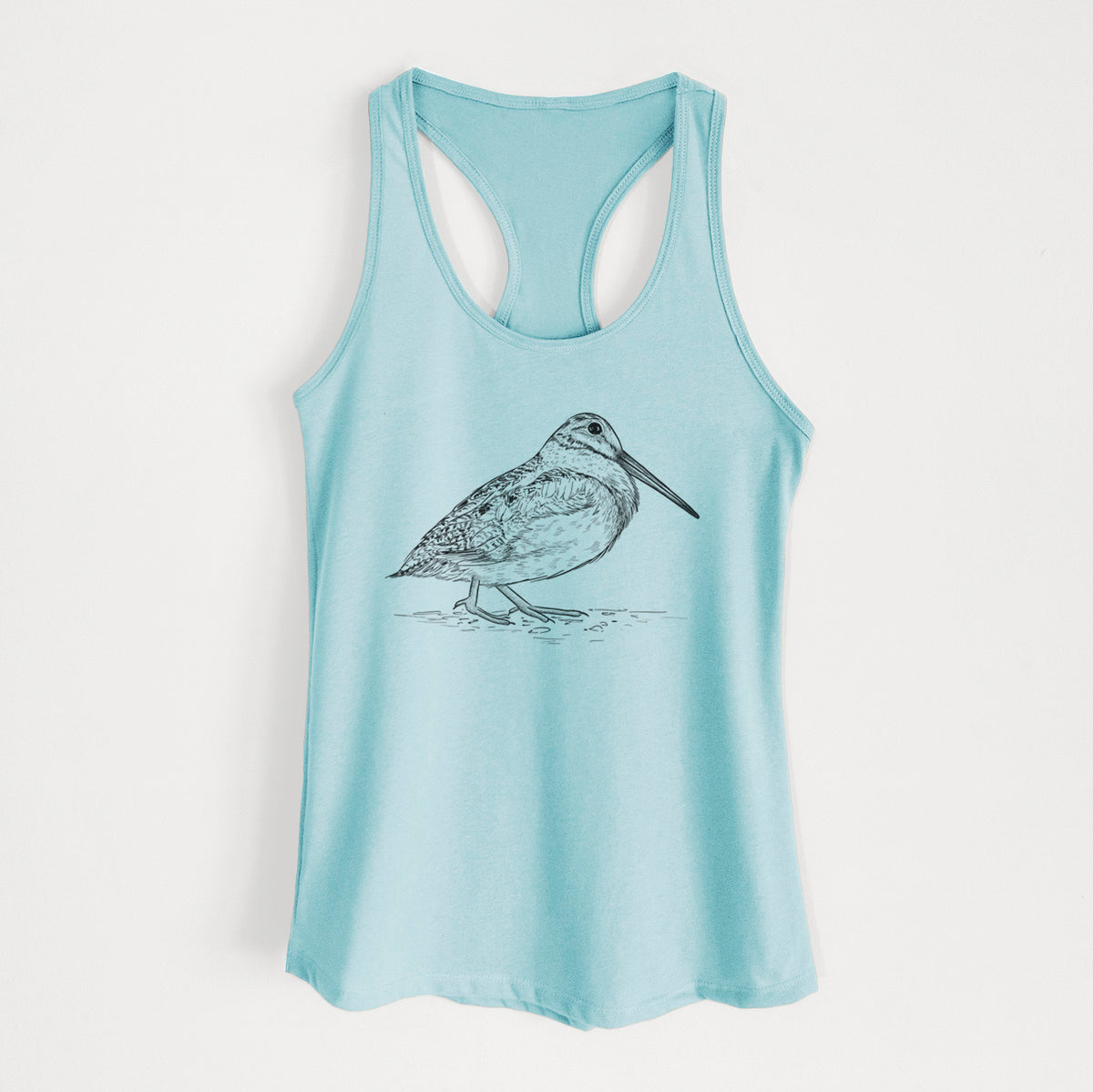 Cancun blue women's racerback tank top laid flat, printed with a detailed black ink sketch of an American woodcock standing on the ground.