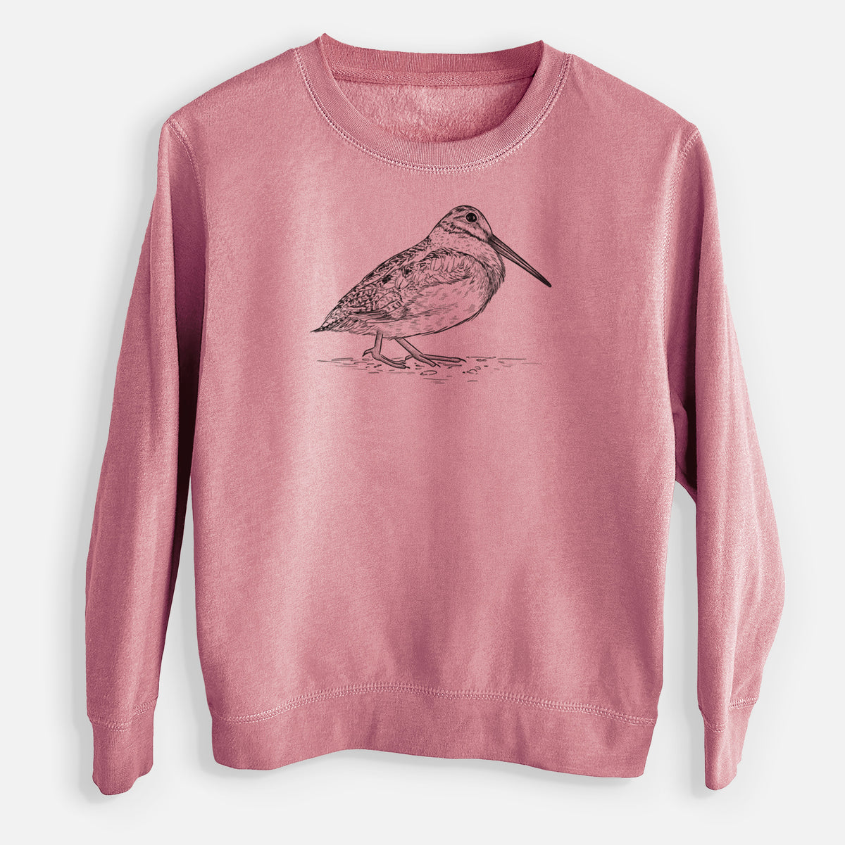 Mauve pink youth crewneck sweatshirt laid flat, printed with a detailed black ink sketch of an American woodcock standing on the ground.
