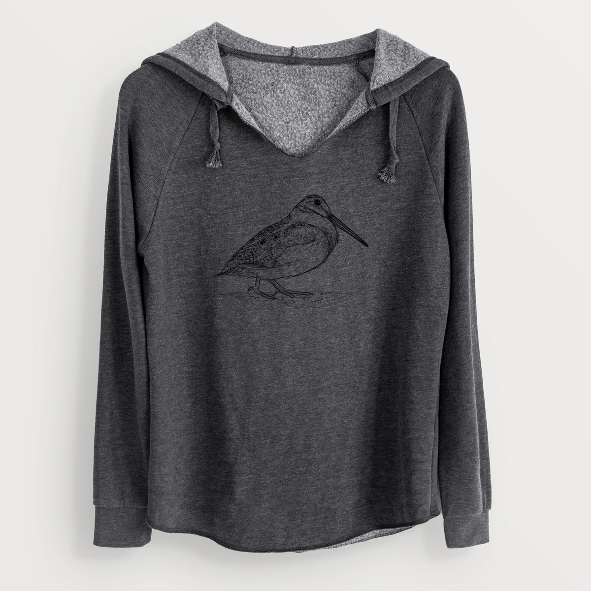 Charcoal grey women's Cali Wave hooded sweatshirt laid flat, printed with a detailed black ink sketch of an American woodcock standing on the ground.