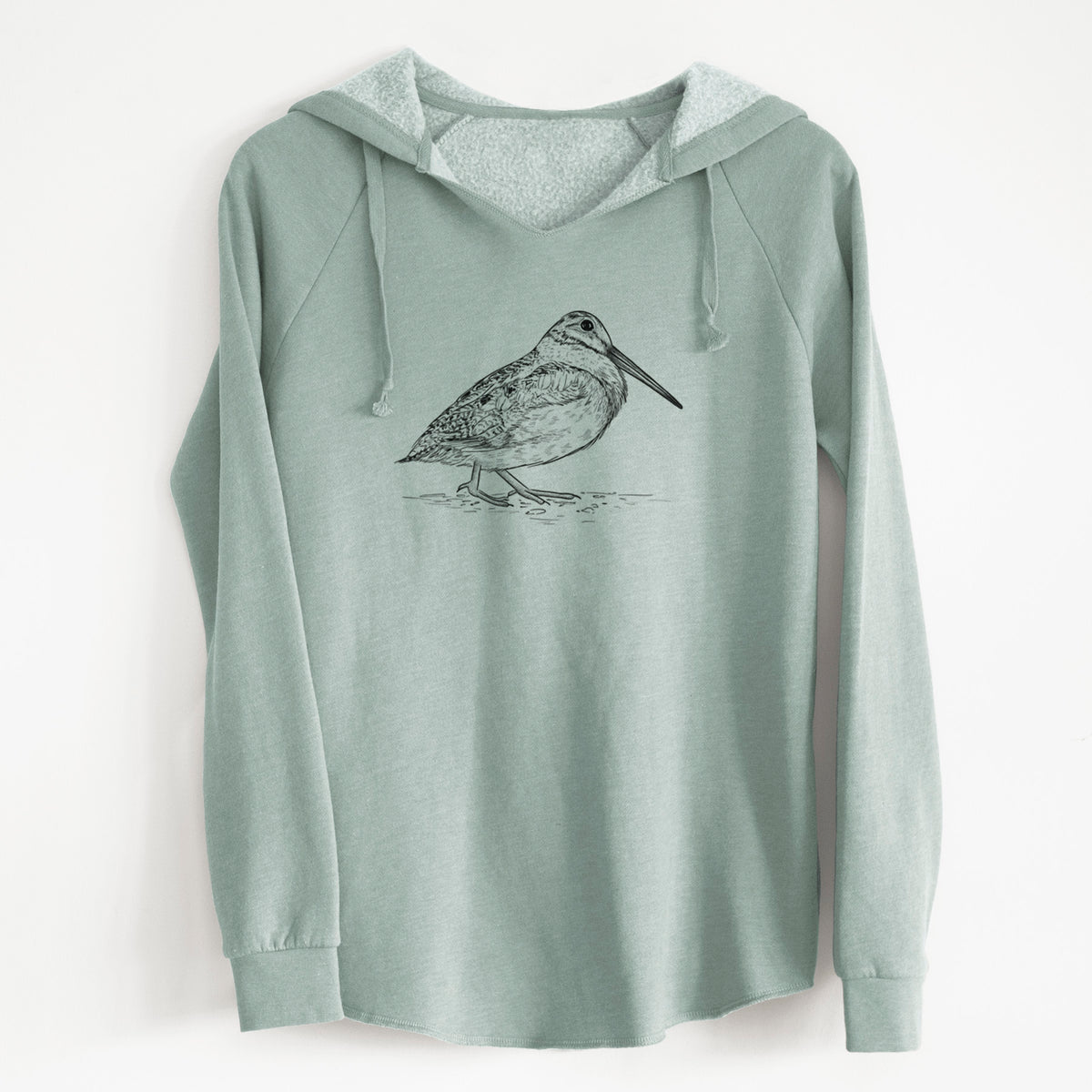 Sage green women's Cali Wave hooded sweatshirt laid flat, printed with a detailed black ink sketch of an American woodcock standing on the ground.