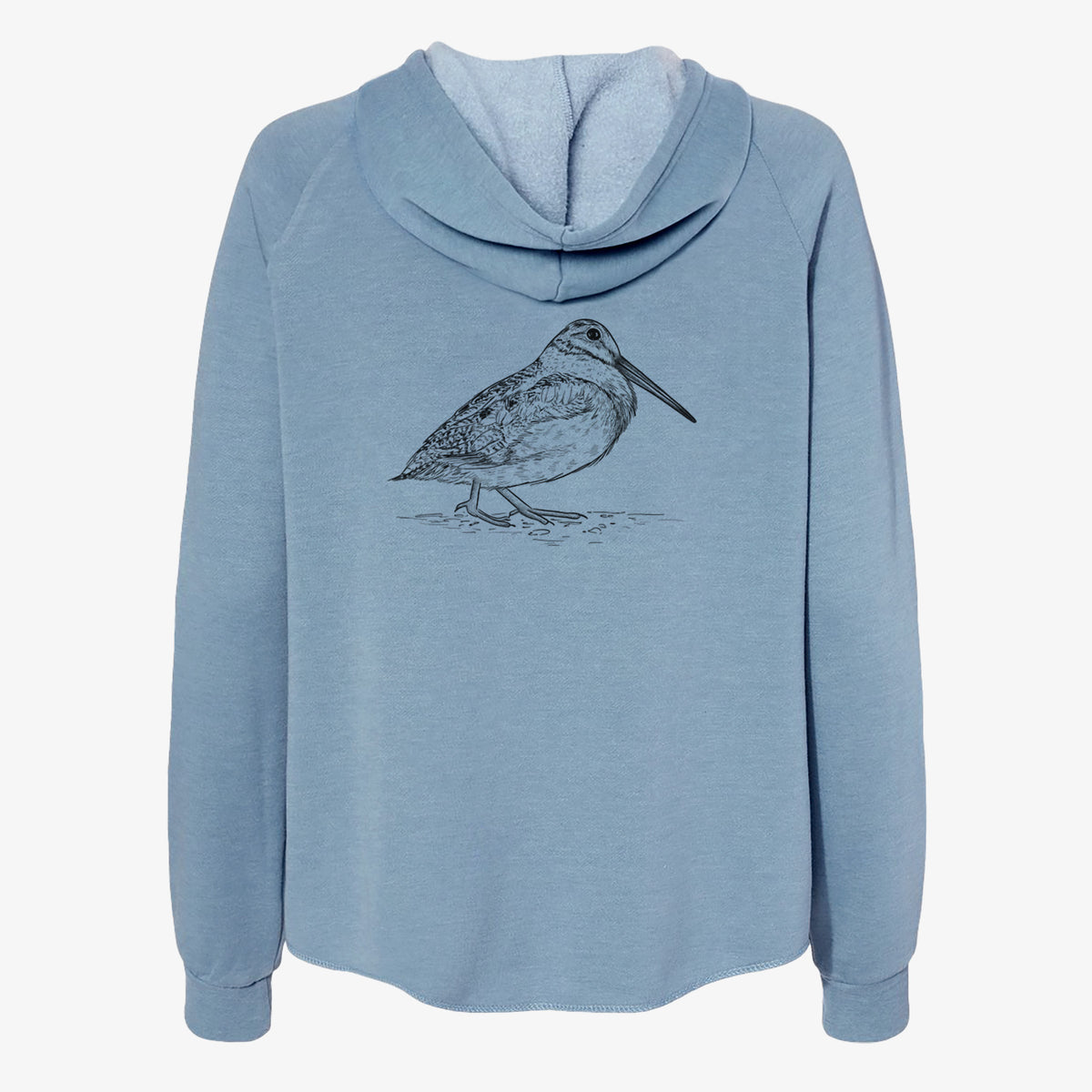 Misty blue women's Cali Wave zip-up sweatshirt laid flat, printed with a detailed black ink sketch of an American woodcock standing on the ground.