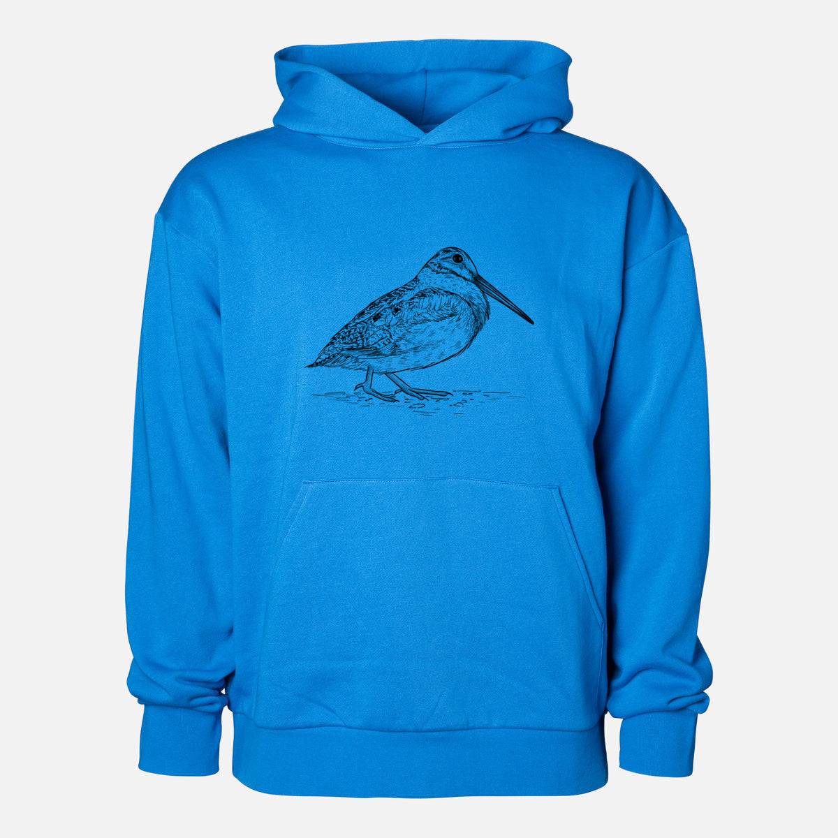 American Woodcock - Scolopax minor - Statement Midweight Hoodie in Azure Blue, shown from the front with the design printed on the chest above a front kangaroo pocket.