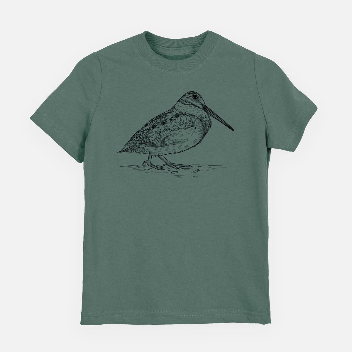 Basil green youth t-shirt laid flat, printed with a detailed black ink sketch of an American woodcock standing on the ground.