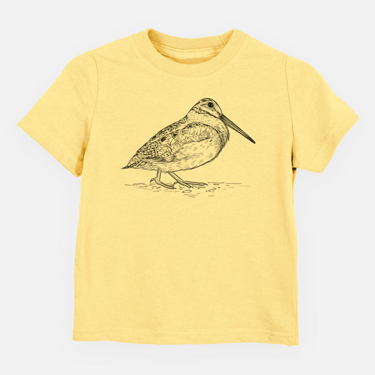 Butter yellow toddler t-shirt laid flat, printed with a detailed black ink sketch of an American woodcock standing on the ground.