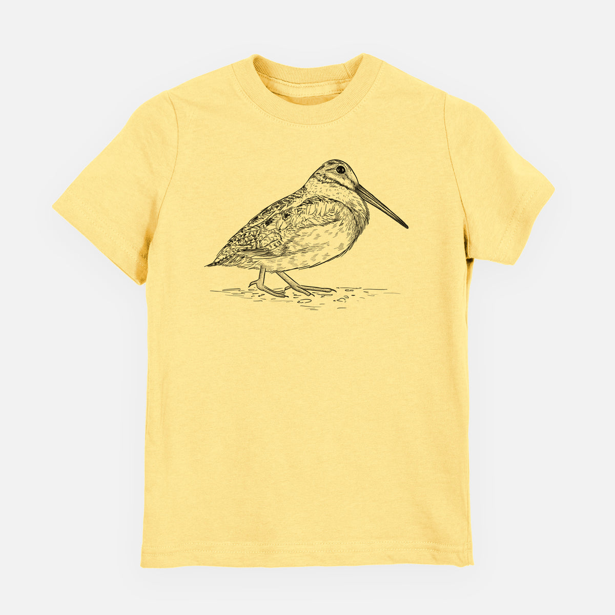Butter yellow youth t-shirt laid flat, printed with a detailed black ink sketch of an American woodcock standing on the ground.