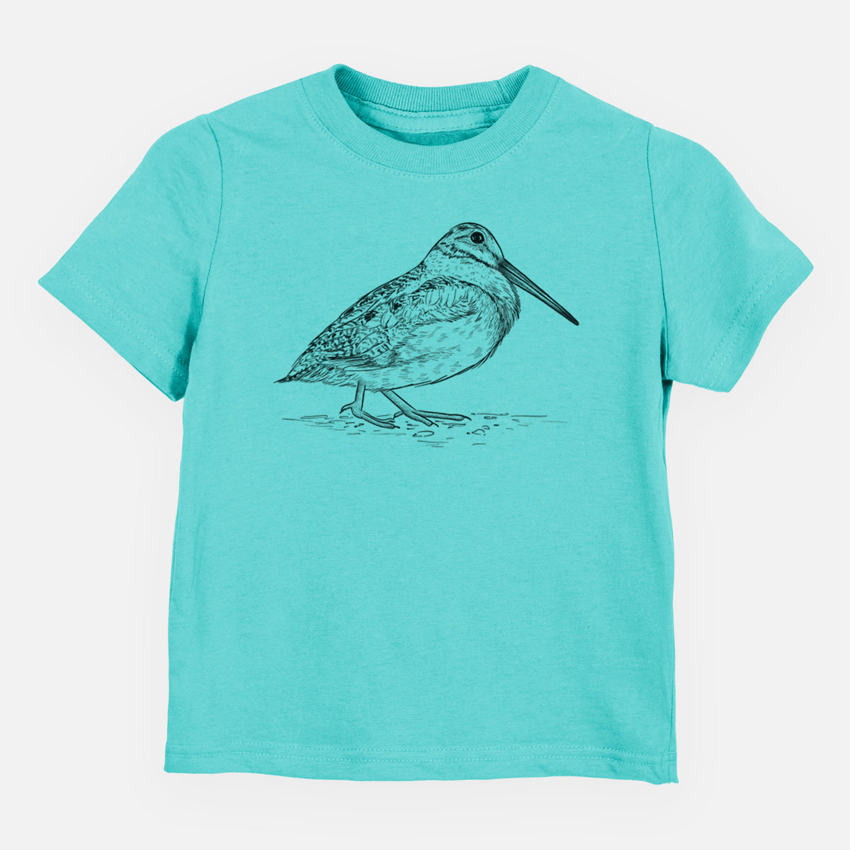 Caribbean blue toddler t-shirt laid flat, printed with a detailed black ink sketch of an American woodcock standing on the ground.