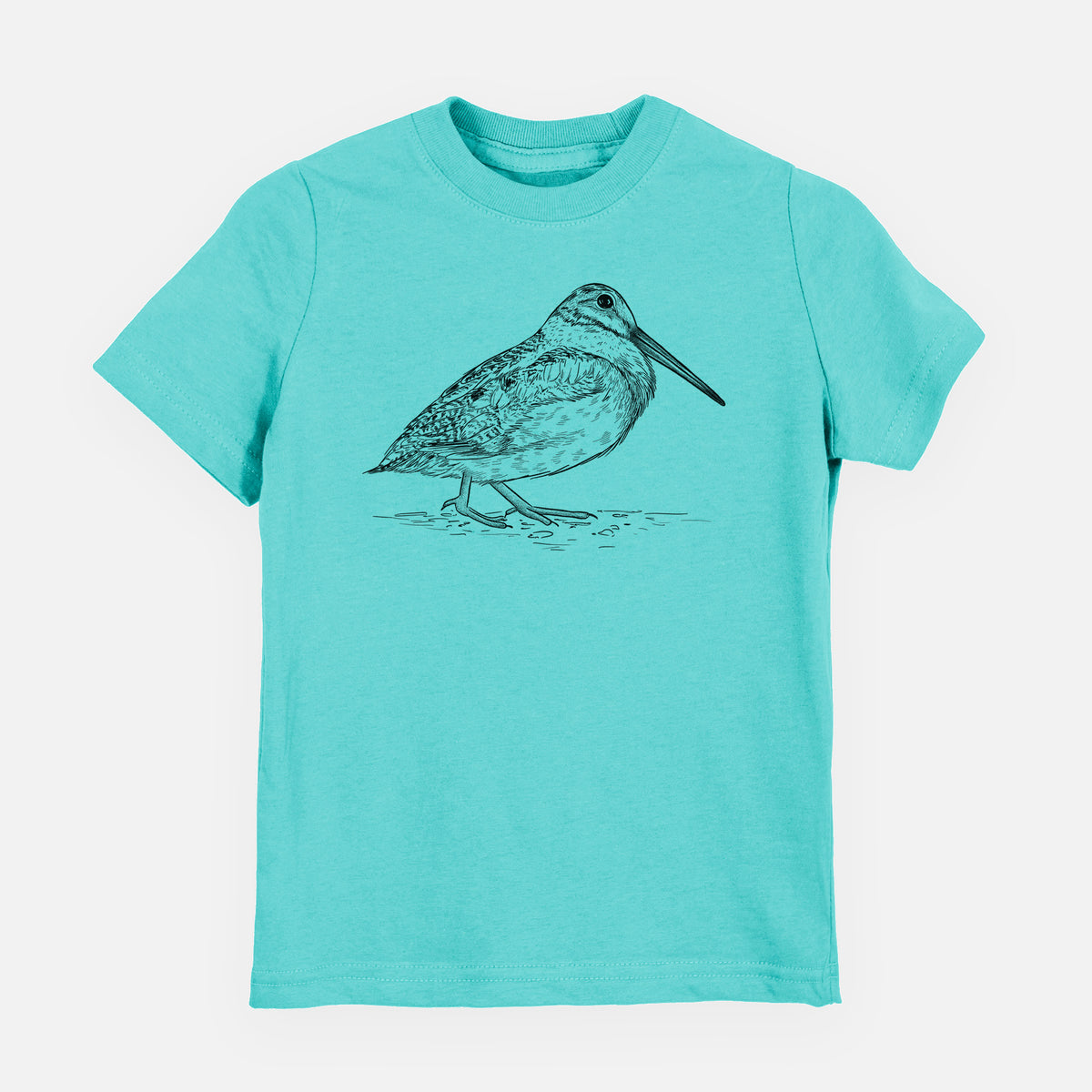 Caribbean blue youth t-shirt laid flat, printed with a detailed black ink sketch of an American woodcock standing on the ground.
