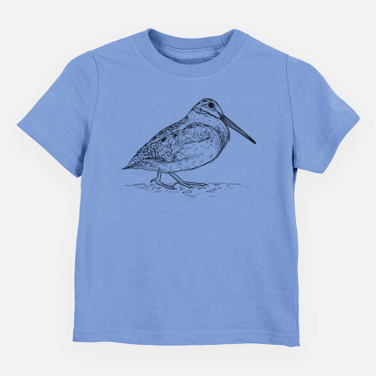 Carolina blue toddler t-shirt laid flat, printed with a detailed black ink sketch of an American woodcock standing on the ground.