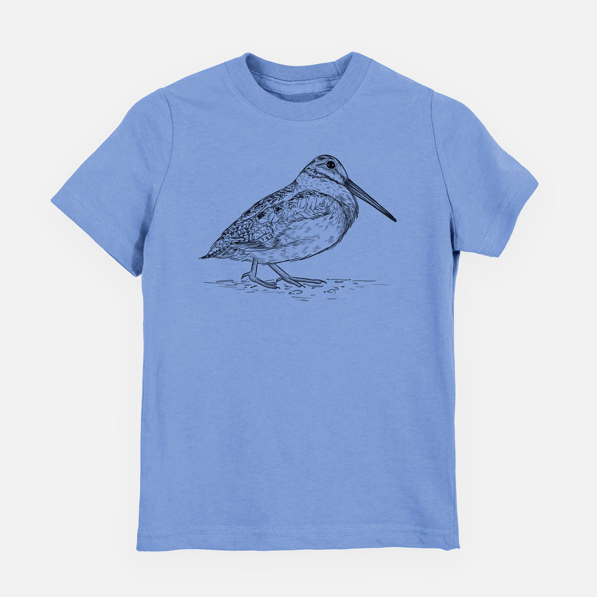 Carolina blue youth t-shirt laid flat, printed with a detailed black ink sketch of an American woodcock standing on the ground.
