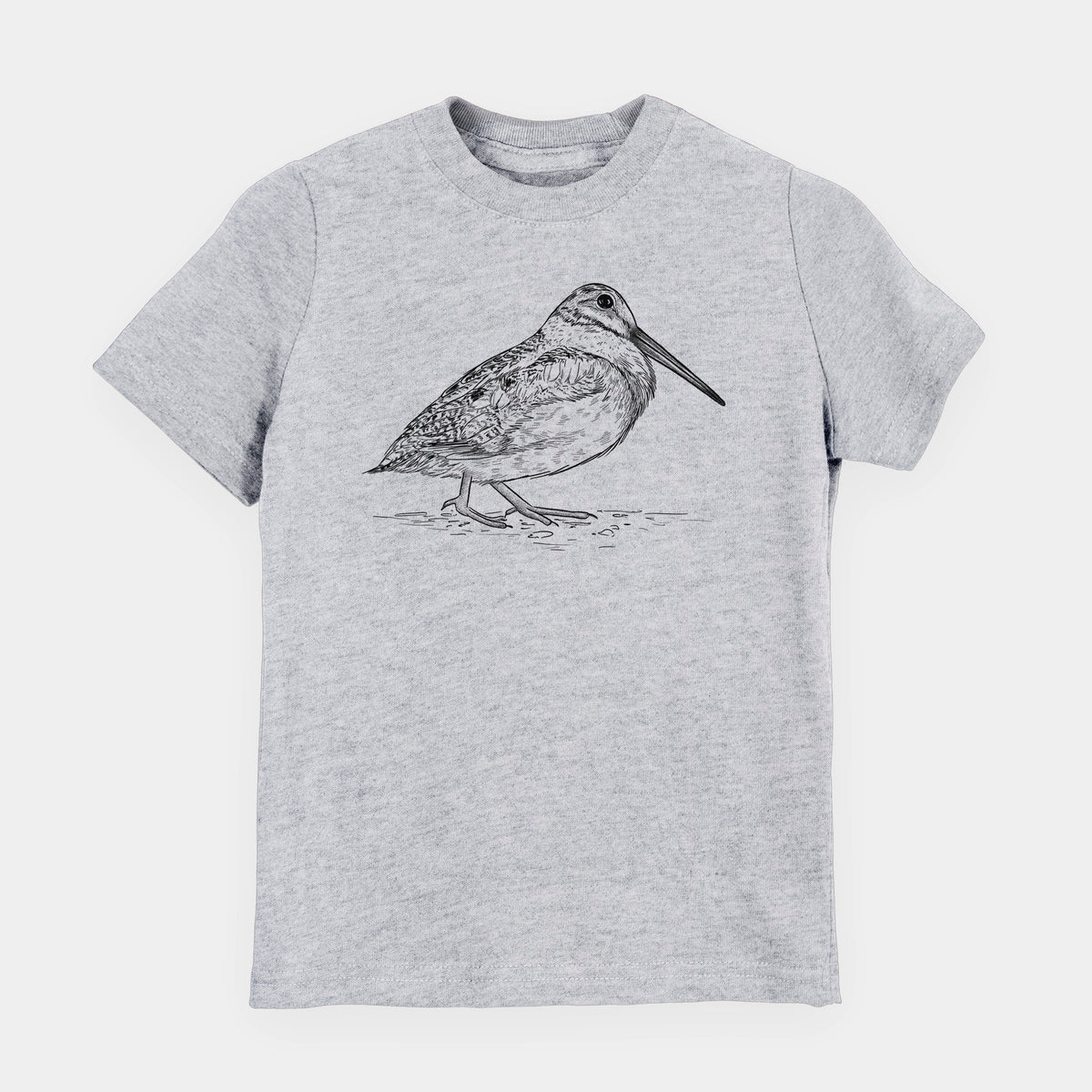 Heather grey youth t-shirt laid flat, printed with a detailed black ink sketch of an American woodcock standing on the ground.