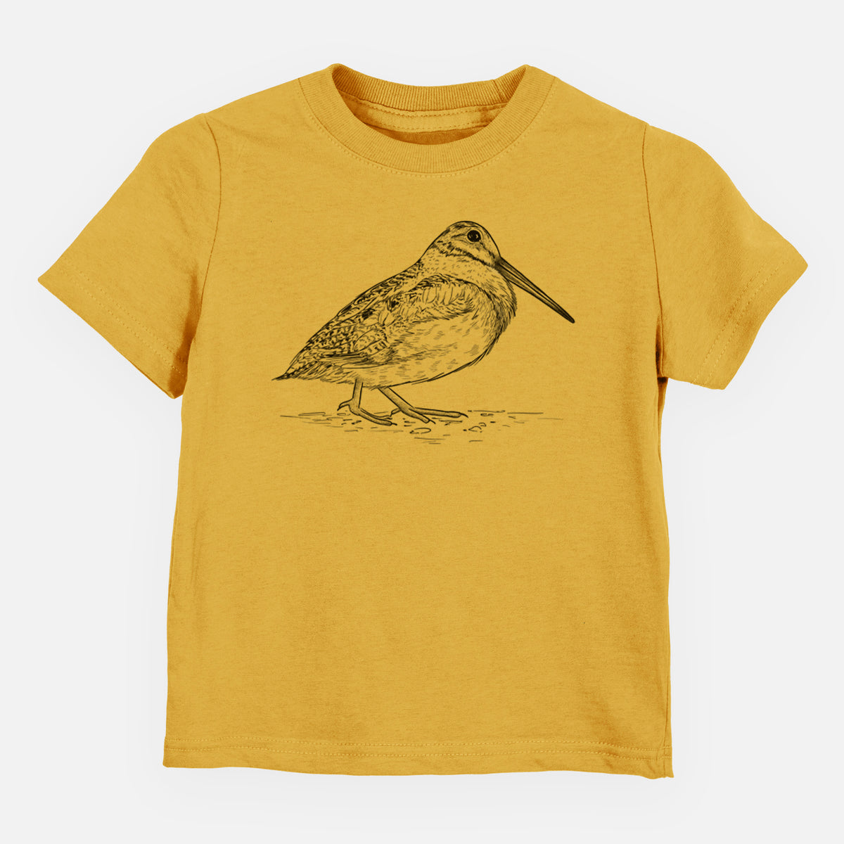 Honeycomb yellow toddler t-shirt laid flat, printed with a detailed black ink sketch of an American woodcock standing on the ground.