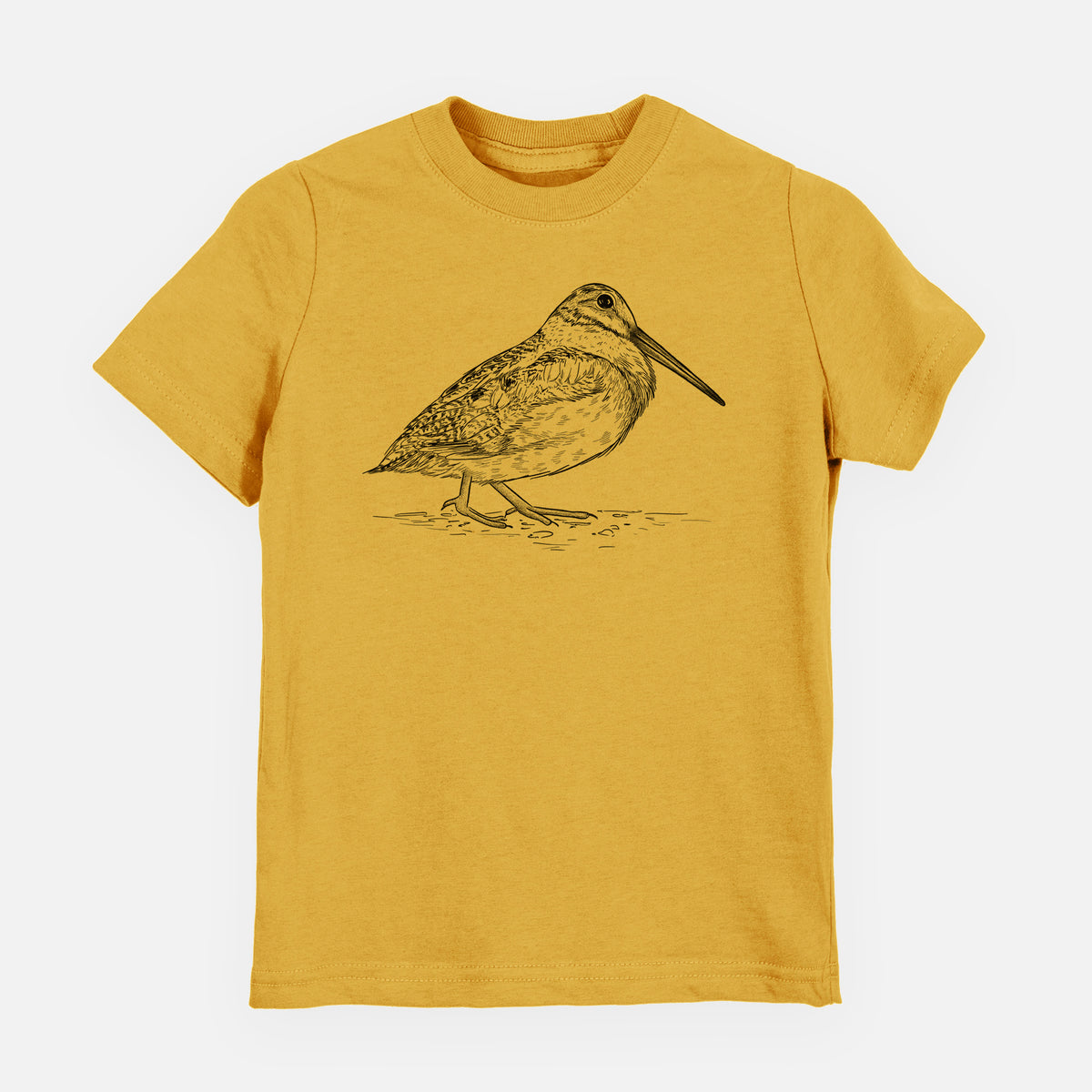 Honeycomb yellow youth t-shirt laid flat, printed with a detailed black ink sketch of an American woodcock standing on the ground.