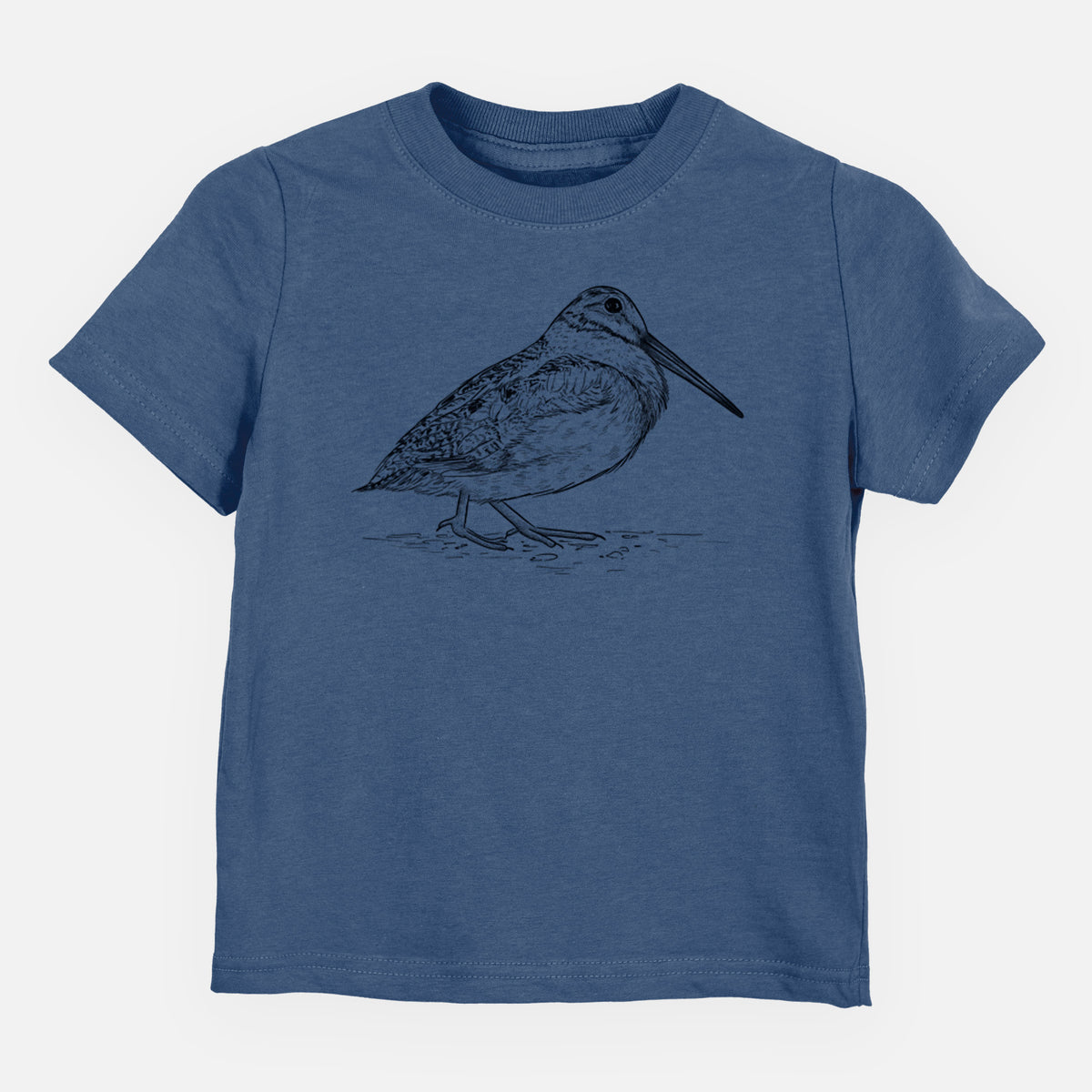 Indigo blue toddler t-shirt laid flat, printed with a detailed black ink sketch of an American woodcock standing on the ground.