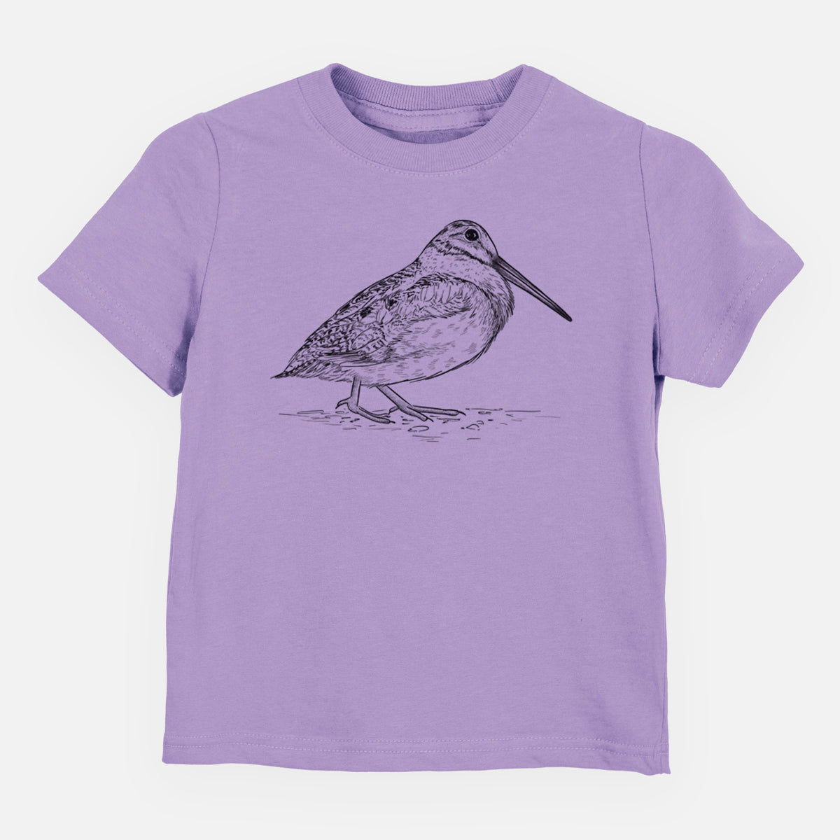 Lavender toddler t-shirt laid flat, printed with a detailed black ink sketch of an American woodcock standing on the ground.