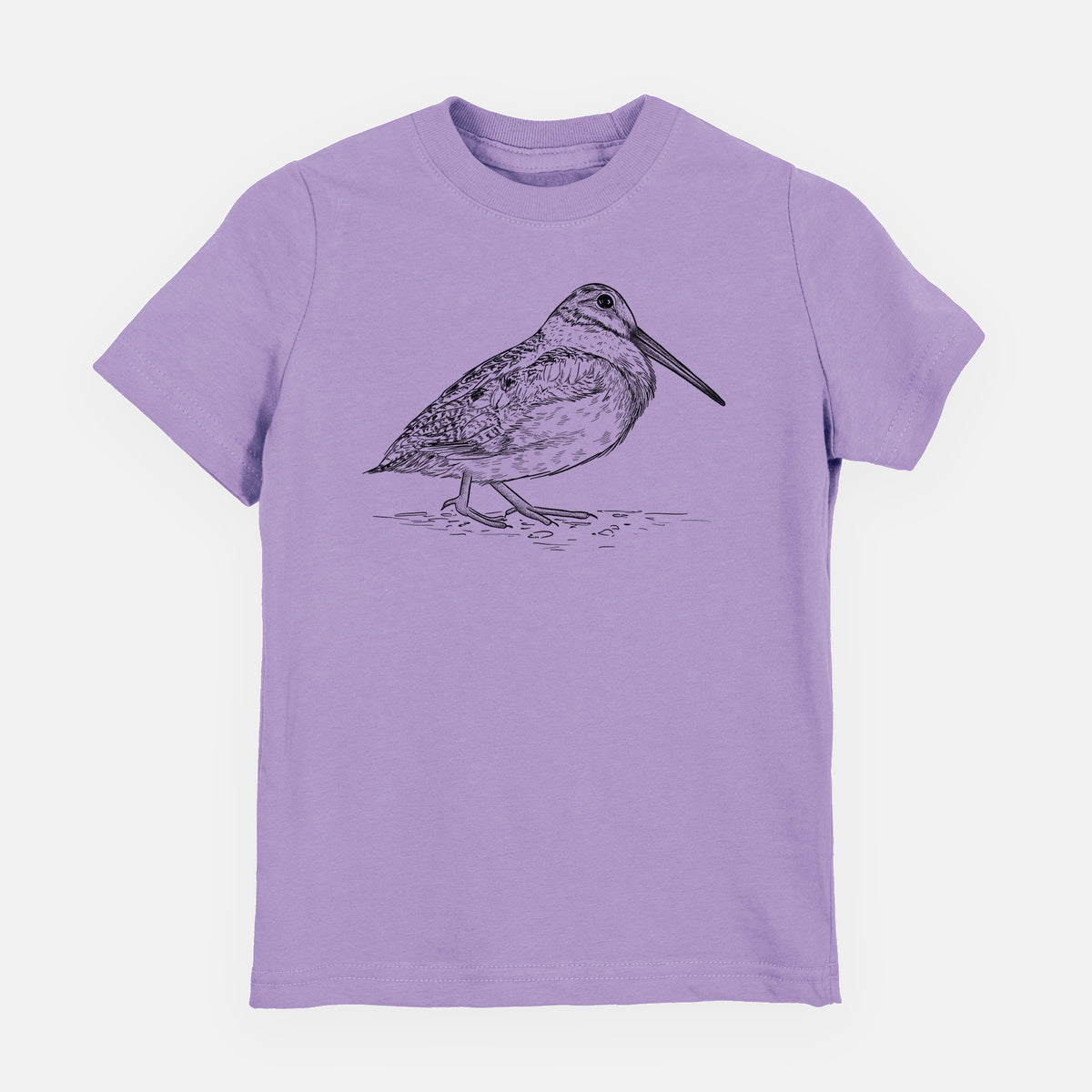 Lavender youth t-shirt laid flat, printed with a detailed black ink sketch of an American woodcock standing on the ground.