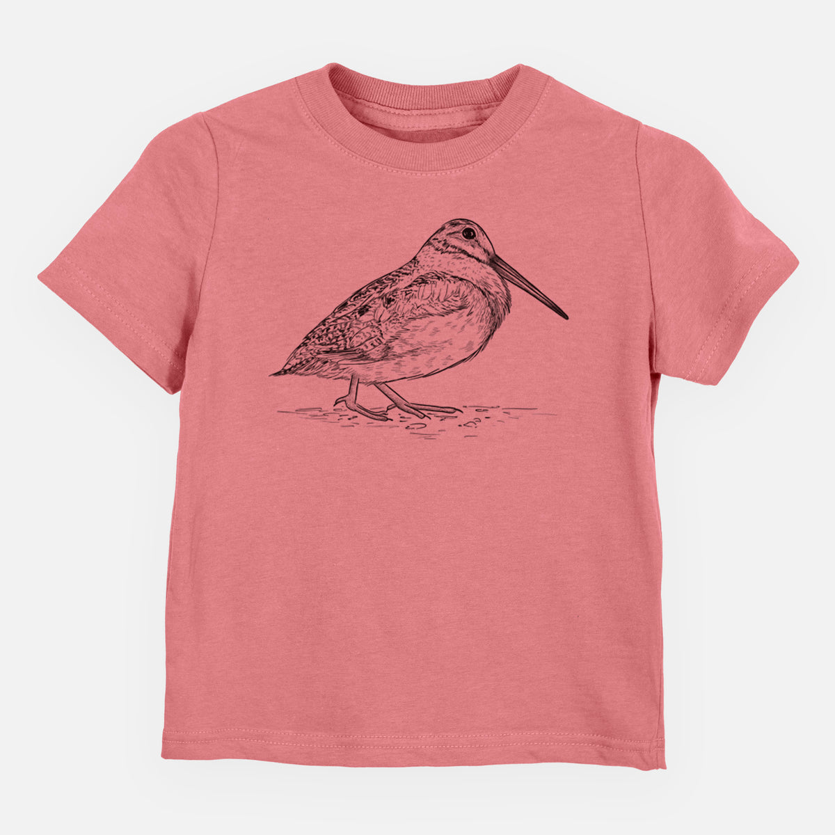 Mauve pink toddler t-shirt laid flat, printed with a detailed black ink sketch of an American woodcock standing on the ground.