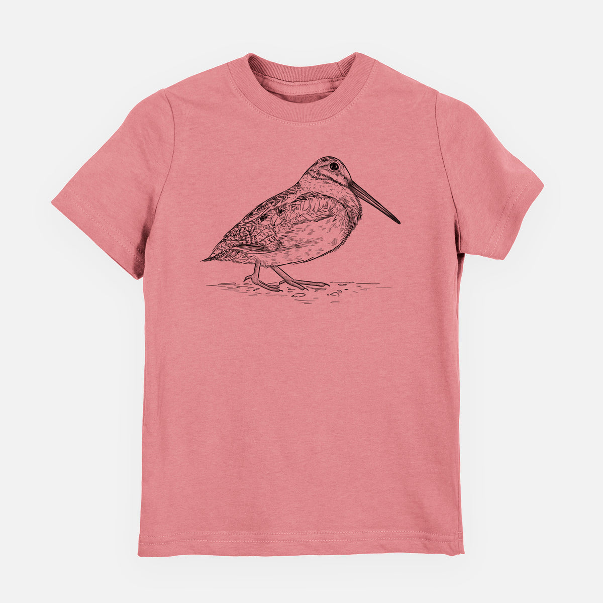 Mauve pink youth t-shirt laid flat, printed with a detailed black ink sketch of an American woodcock standing on the ground.