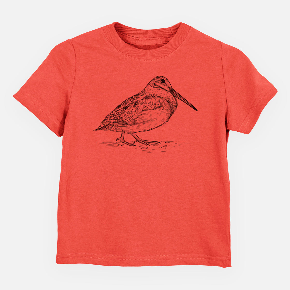 Passionfruit pink toddler t-shirt laid flat, printed with a detailed black ink sketch of an American woodcock standing on the ground.