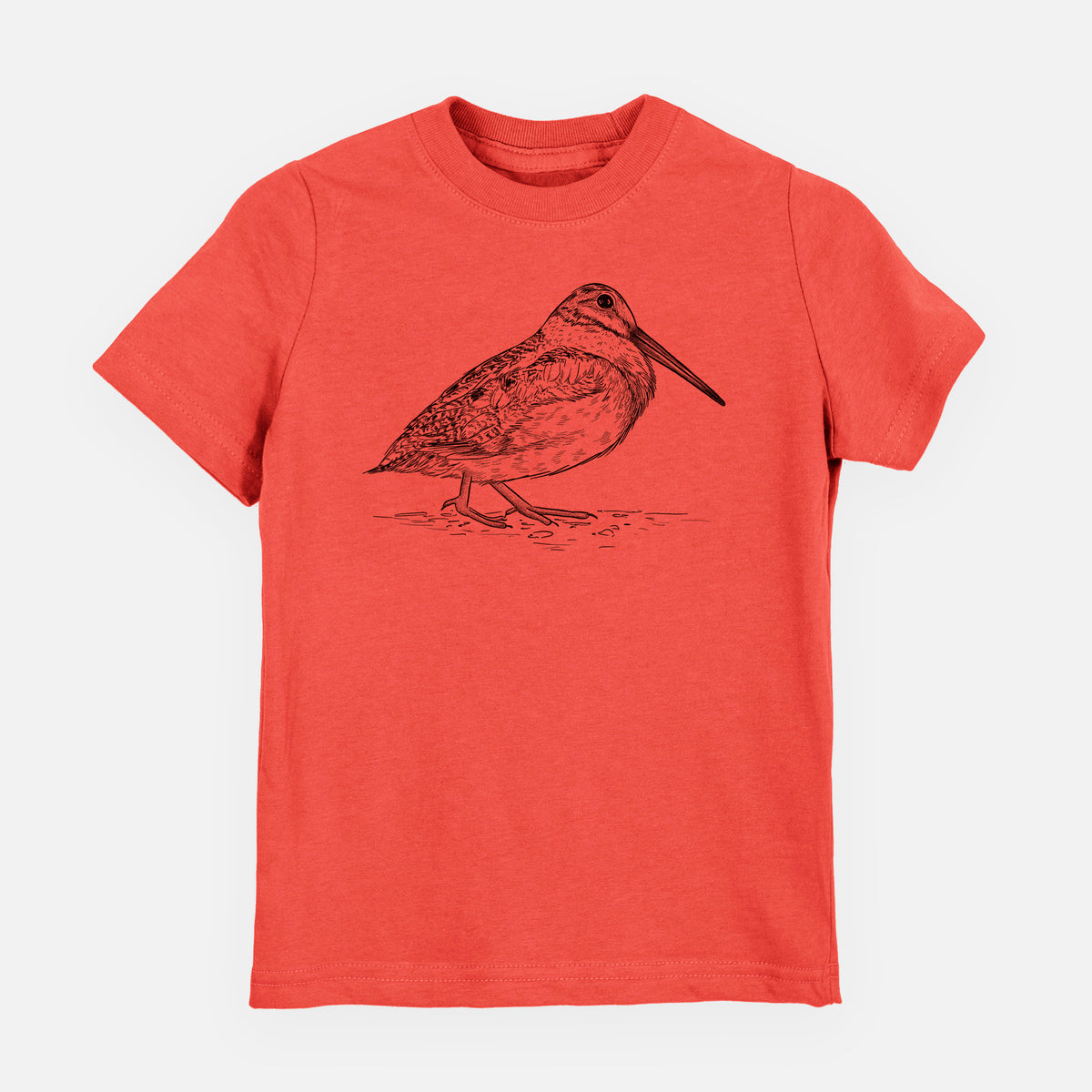 Passionfruit pink youth t-shirt laid flat, printed with a detailed black ink sketch of an American woodcock standing on the ground.