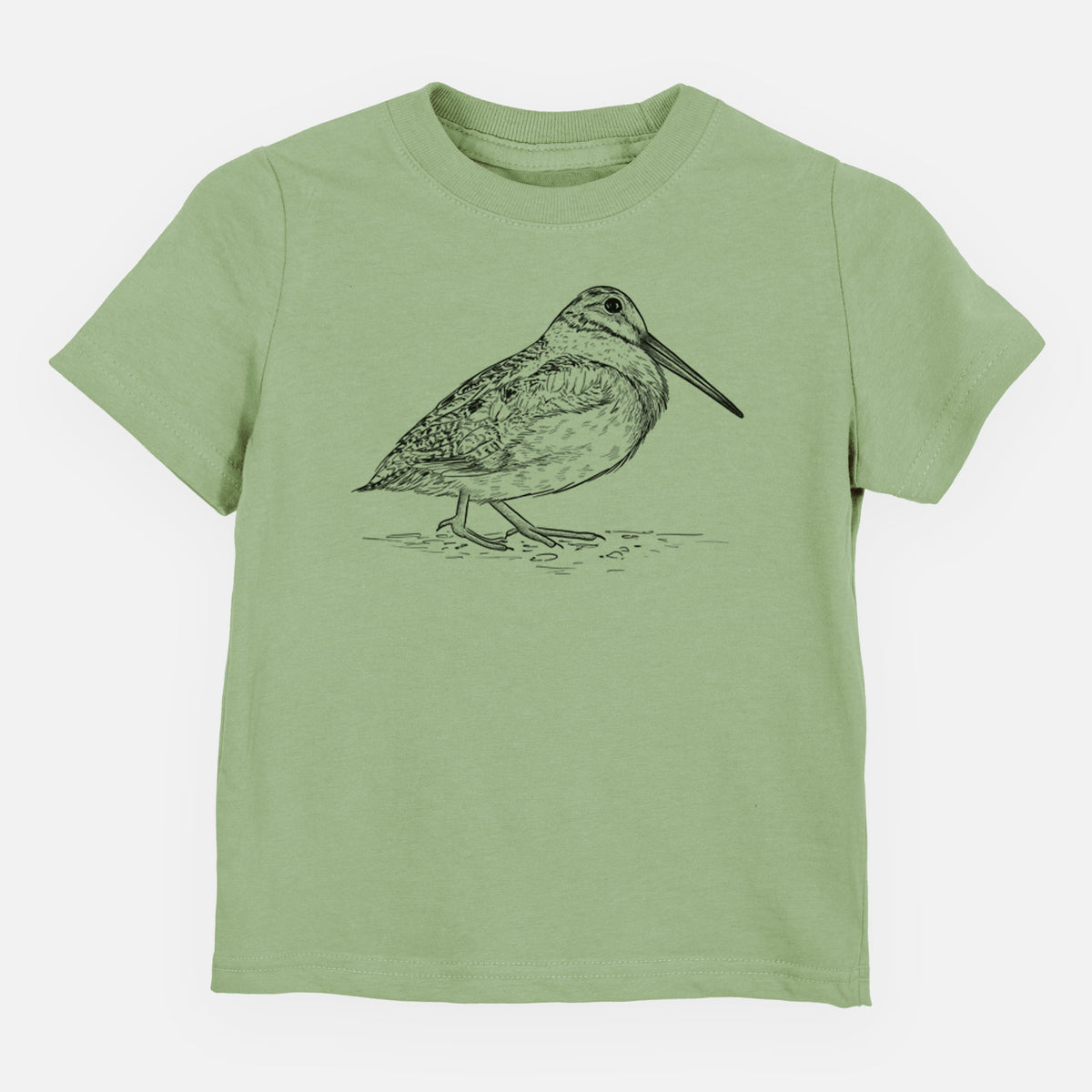 Sage green toddler t-shirt laid flat, printed with a detailed black ink sketch of an American woodcock standing on the ground.