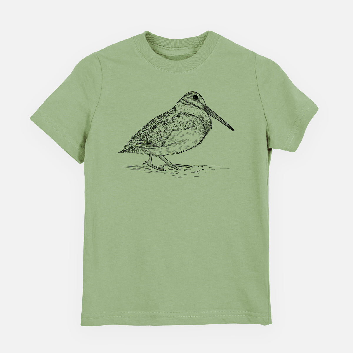 Sage green youth t-shirt laid flat, printed with a detailed black ink sketch of an American woodcock standing on the ground.