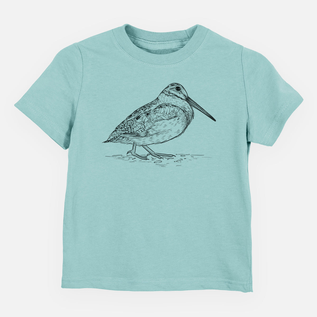 Saltwater toddler t-shirt laid flat, printed with a detailed black ink sketch of an American woodcock standing on the ground.