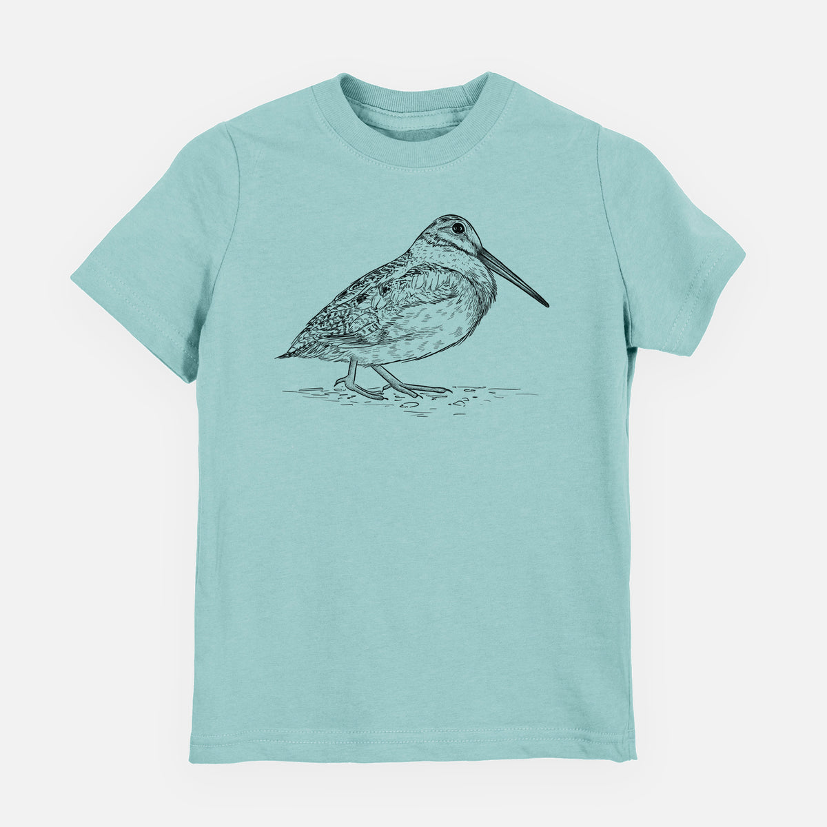 Saltwater youth t-shirt laid flat, printed with a detailed black ink sketch of an American woodcock standing on the ground.