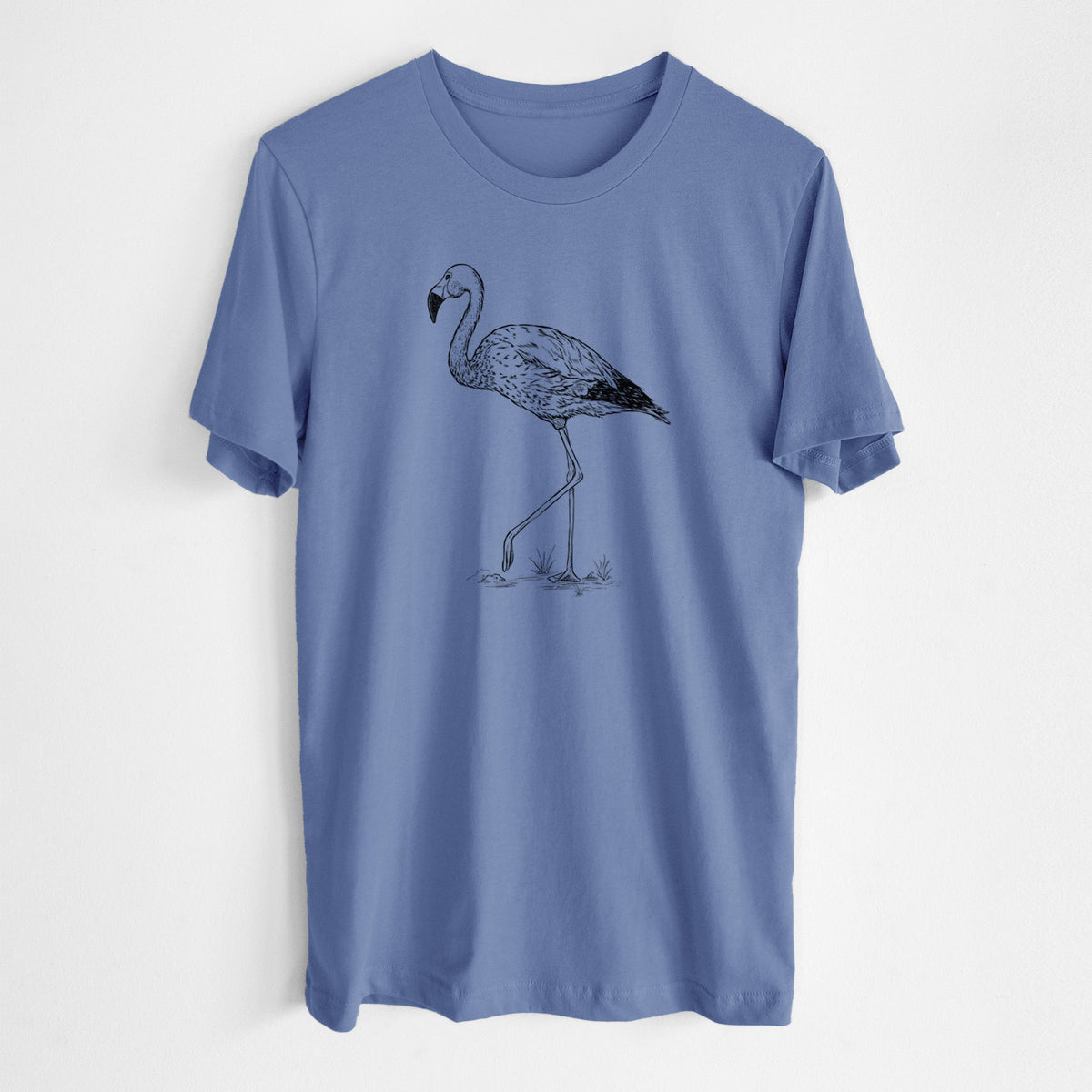 Blue bell lightweight cotton t-shirt laid flat, printed with a black ink illustration of an Andean flamingo standing on one leg.