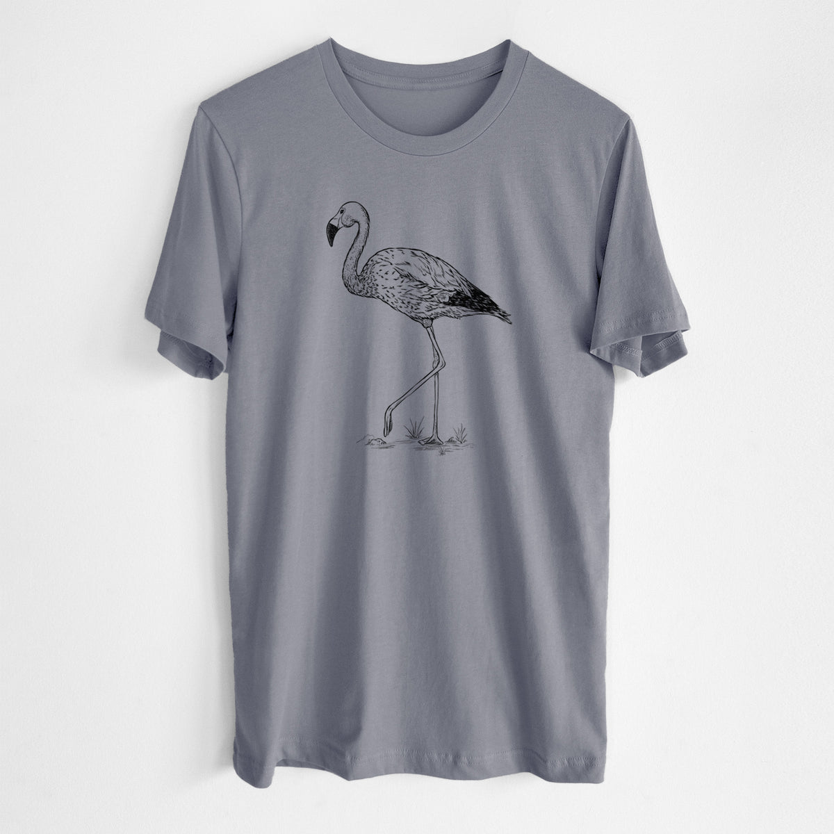 Storm grey lightweight cotton t-shirt laid flat, printed with a black ink illustration of an Andean flamingo standing on one leg.