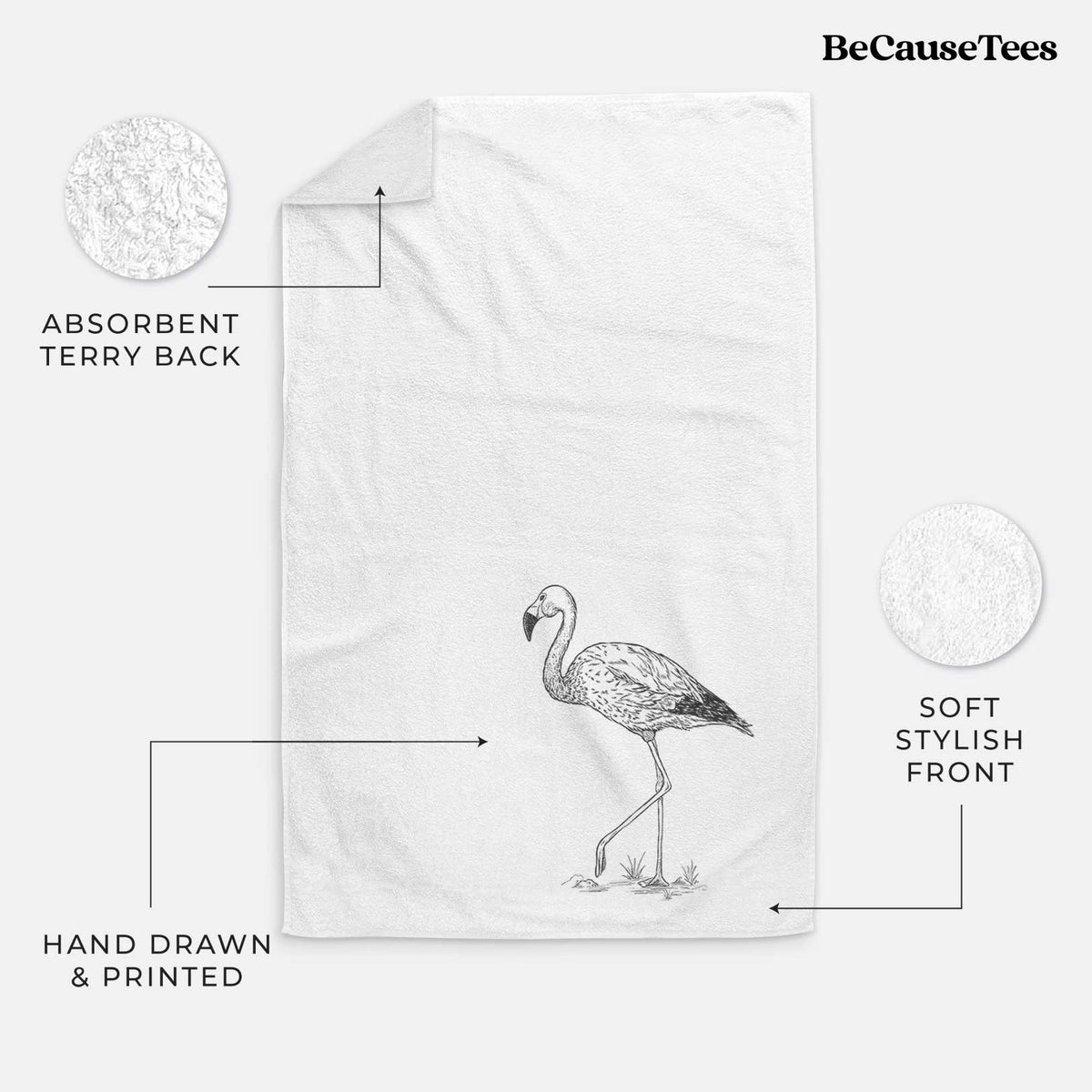 White hand towel printed with a black ink illustration of an Andean flamingo standing on one leg.