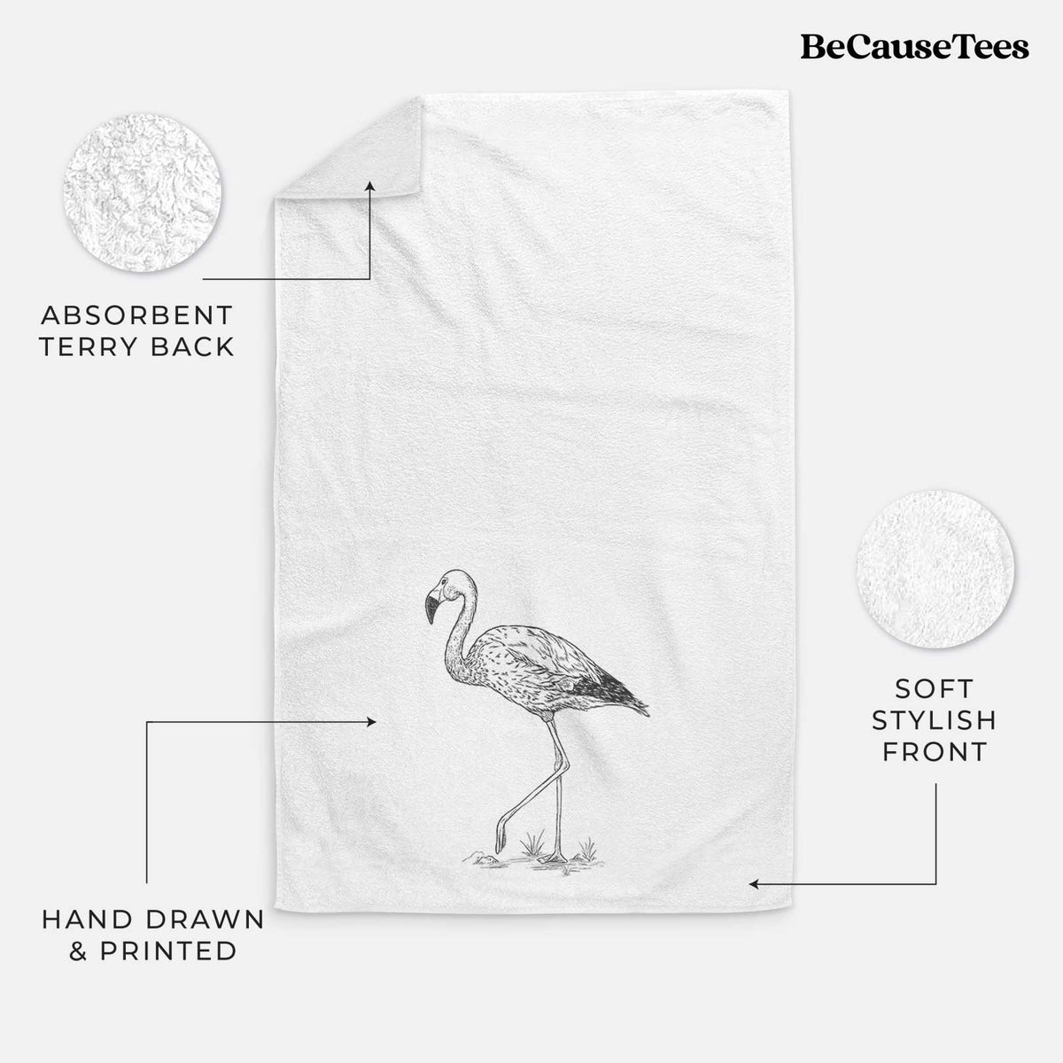 White hand towel printed with a black ink illustration of an Andean flamingo standing on one leg.